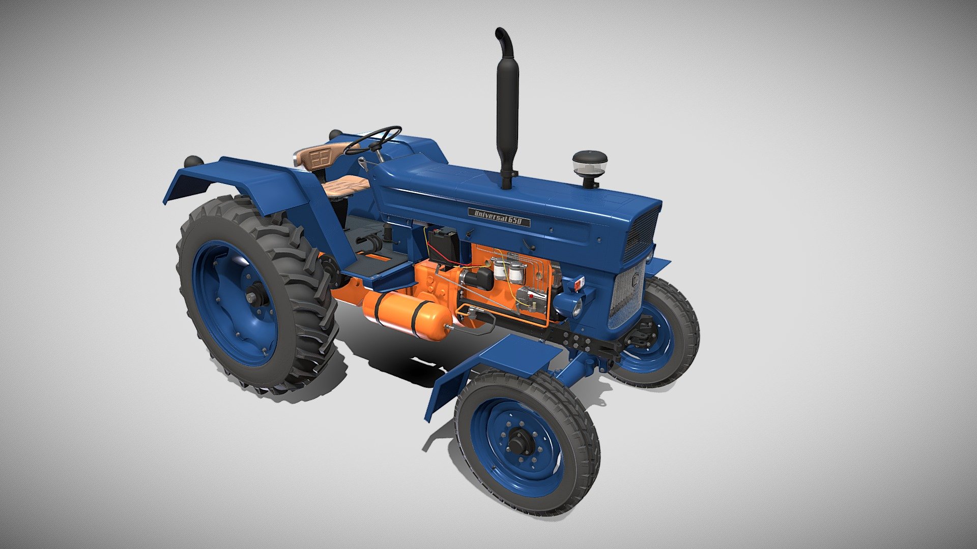 Highly detailed Tractor 3d model rendered with Cycles in Blender, as per seen on attached images.

The model is very intricately built, it has the transmission and engine, with cooling for oil and water, injection pump, fuel lines, compressed air circuit, electric circuit modeled. Some of these elements cannot be seen on the main renders, so I have also rendered the chassis in order to showcase them.

The 3d model is scaled to original size in Blender.

File formats:

-.blend, rendered with cycles, as seen in the images;

-.obj, with materials applied;

-.dae, with materials applied;

-.fbx, with materials applied;

-.stl;

Files come named appropriately and split by file format.

3D Software:

The 3D model was originally created in Blender 2.8 and rendered with Cycles.

Materials and textures:

The models have materials applied in all formats, and are ready to import and render, note that some minimal adjustments might be needed to look best in the renderer of choice 3d model