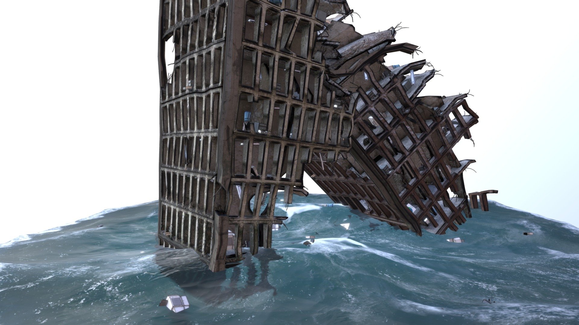 Fallen towers, I've created this prop for the flooded apocalyptic world of Sam &amp; Dan: Floaty Flatmates. In the game you try to reach a boat. Once arrived on the boat you will drive through the hole in the building, seeing into the offices 3d model