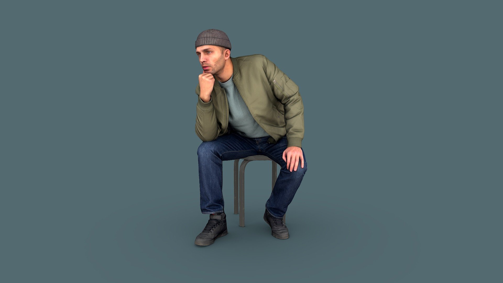Follow us on Instagram 👍🏻

✉️ A young handsome guy with stubble sits on a chair, thinking, leaning his hand on his right knee, looks ahead. He is wearing a sweater, green bomber jacket, navy blue jeans, black trainers and a gray beanie hat.

🦾 This model will be an excellent mid-range participant. It does not need to be very close and try to see the details, it reveals and demonstrates its texture as much as possible in case of a certain distance from the foreground.

⚙️ Photorealistic Casual Character 3d model ready for Virtual Reality (VR), Augmented Reality (AR), games and other real-time apps. Suitable for the architectural visualization and another graphical projects. 50 000 polygons per model 3d model