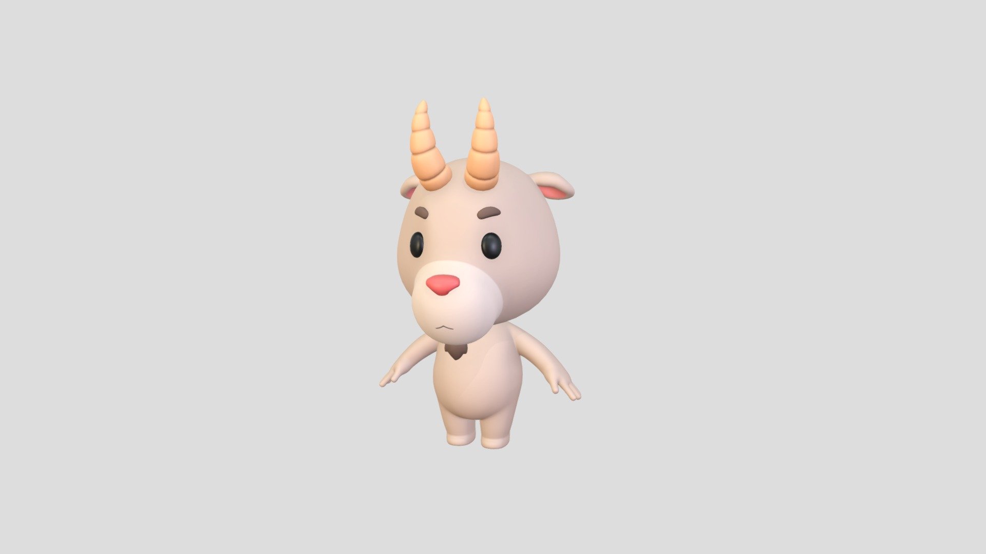Goat Character 3d model.      
    


File Format      
 
- 3ds max 2022  
 
- FBX  
 
- OBJ  
    


Clean topology    

No Rig   

Non-overlapping unwrapped UVs        
 


PNG texture               

2048x2048                


- Base Color                        

- Normal                            

- Roughness                         



3,517 polygons                          

3,590 vertexs                          
 - Character166 Goat - Buy Royalty Free 3D model by BaluCG 3d model