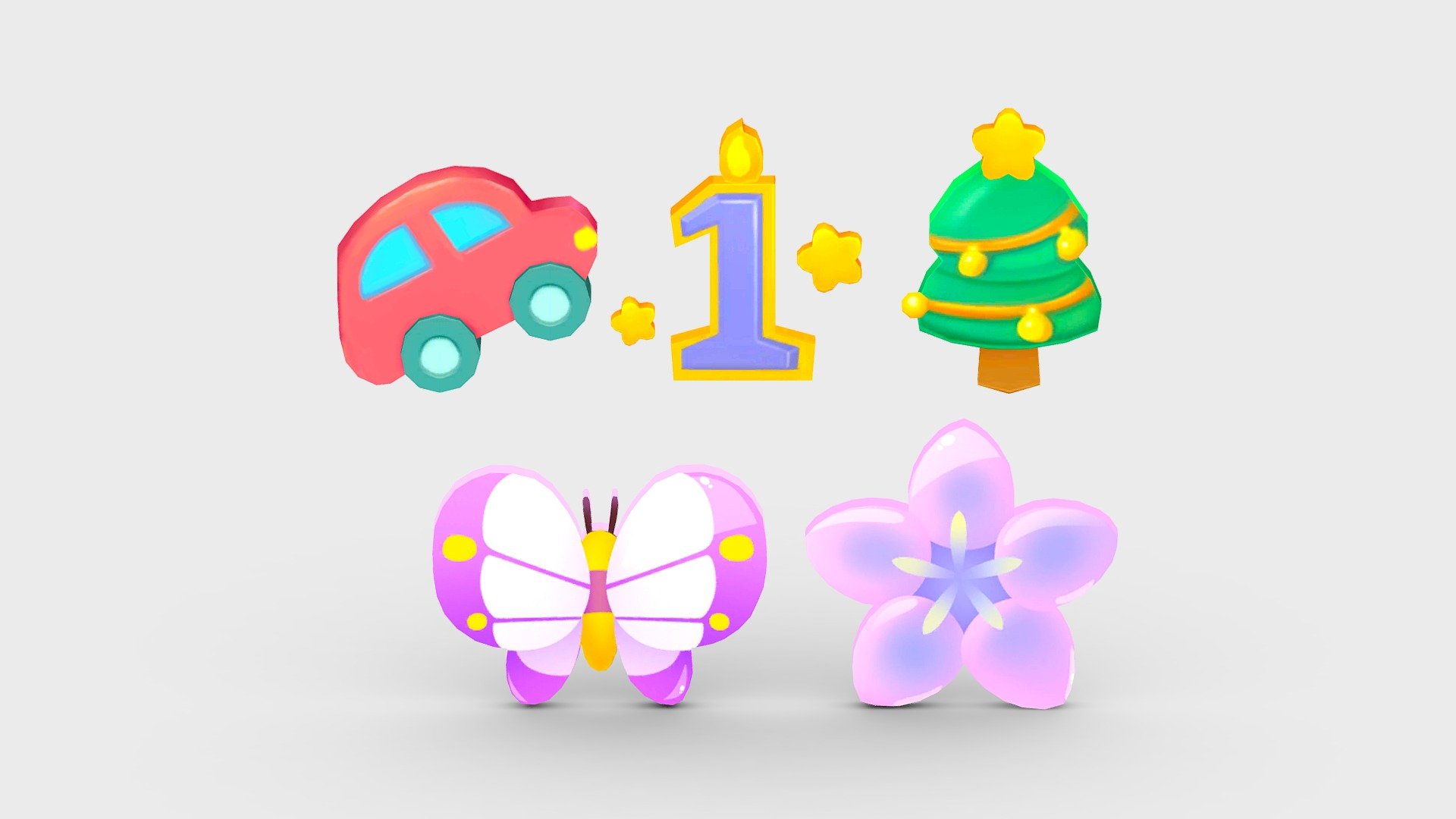 Cartoon icon - car-number1-Christmas tree-butterfly-flower - icons-car-number-Christmas tree-butterfly-flower - Buy Royalty Free 3D model by ler_cartoon (@lerrrrr) 3d model