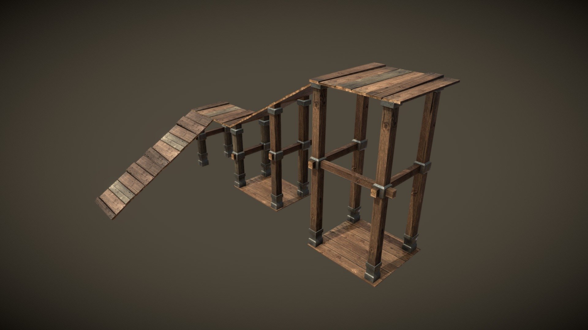 Modular Model  

the wood pieces sharing the same texture the same for the metal fixers 




Can use the wooden boards and collumns to create new paths, or other buildings.
 - Wooden Access Ramp - Buy Royalty Free 3D model by EVERMORE3D 3d model