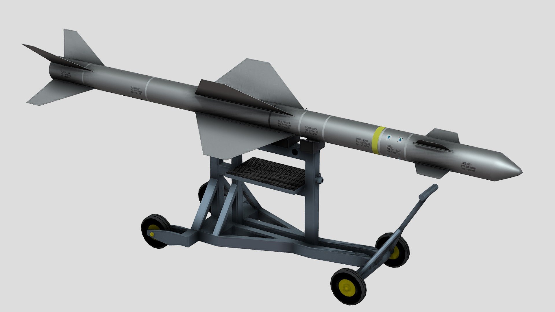 the MAR-1 is a medium-range anti-radiation tactical air-to-ground missile, with passive guidance by multiple radar with a band option for attacking anti-aircraft defense systems moved on land or on maritime platforms 3d model