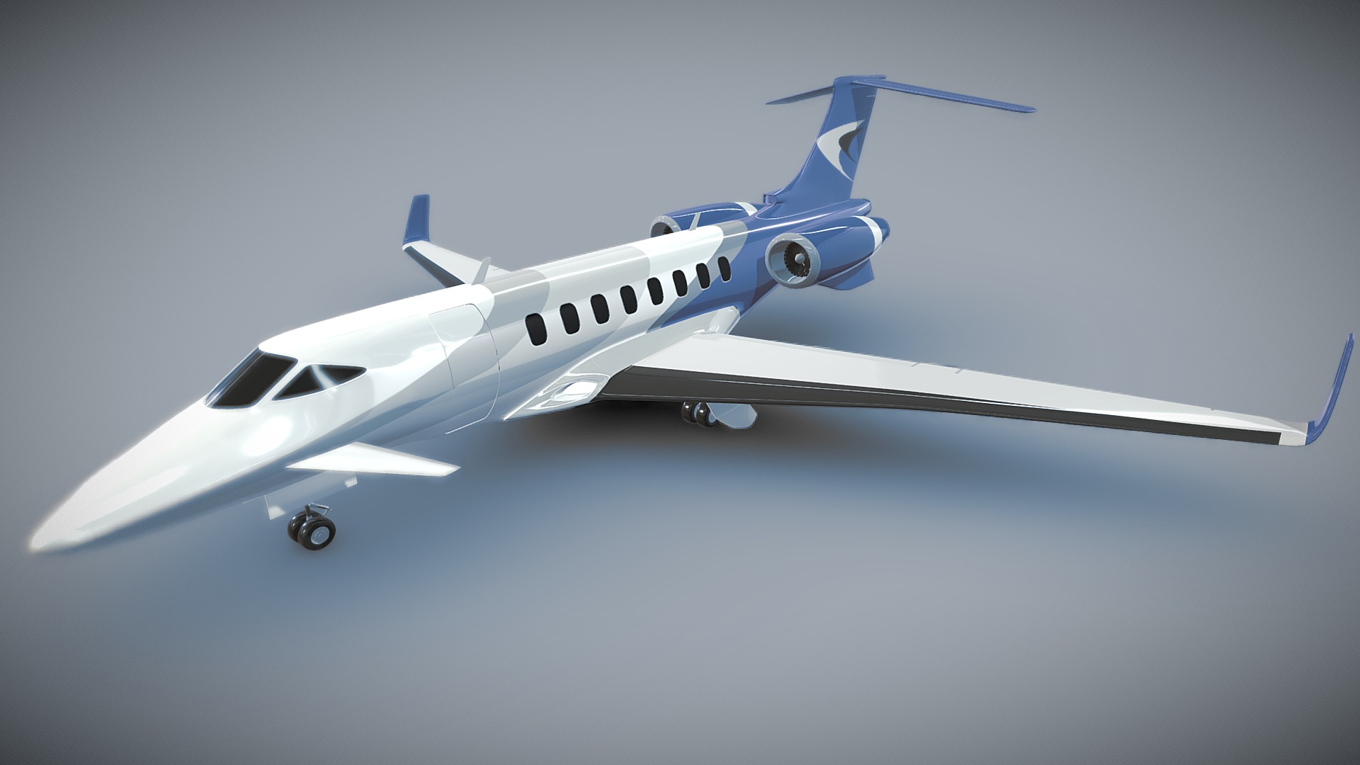 Business jet concept created without using image references,but I took some design elements(my visual library) from real jets I modeled so far.I didn't want it to go to extreme with design.Model was created with blender3d 2.73 version.Rendering images I created with blender internal render,settings included with blend file.There is one png texture 2050x2050 px created with inkscape vector editor,for windows and for stripe details.Most of the objects are detached,some you can easily delete if you don't like it,like front wings.Objects named by object and by material.Objects aren't rigged and there are no interior objects for this product.You can move elevators,but I didn't rigged it.Side wheels are parented to wheel carrier.As you can see on my renderings there are landing gears for this product.Enjoy my concept.

3ds file 
verts: 216096 
polys: 72032

obj file 
verts: 43058 
polys: 73504

Checked with glc player - Generic business jet concept - Buy Royalty Free 3D model by koleos3d 3d model