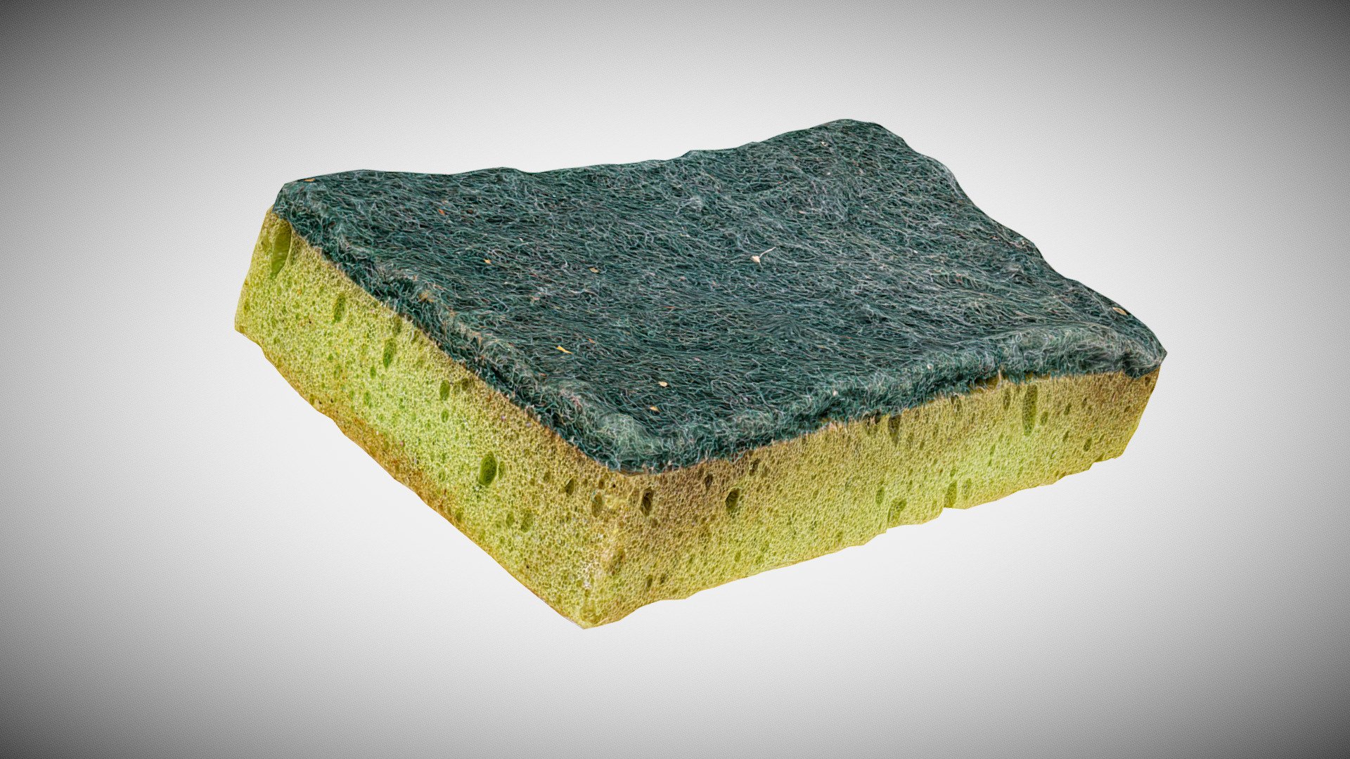 3D scan of an old heavily used dirty kitchen sponge used for washing dishes. Greenish color, small cavities, two sided material.

Reconstructed in RC from 79 DSLR images.

8k texture and normal - Dirty kitchen sponge - Buy Royalty Free 3D model by Goromor (@gorllu) 3d model