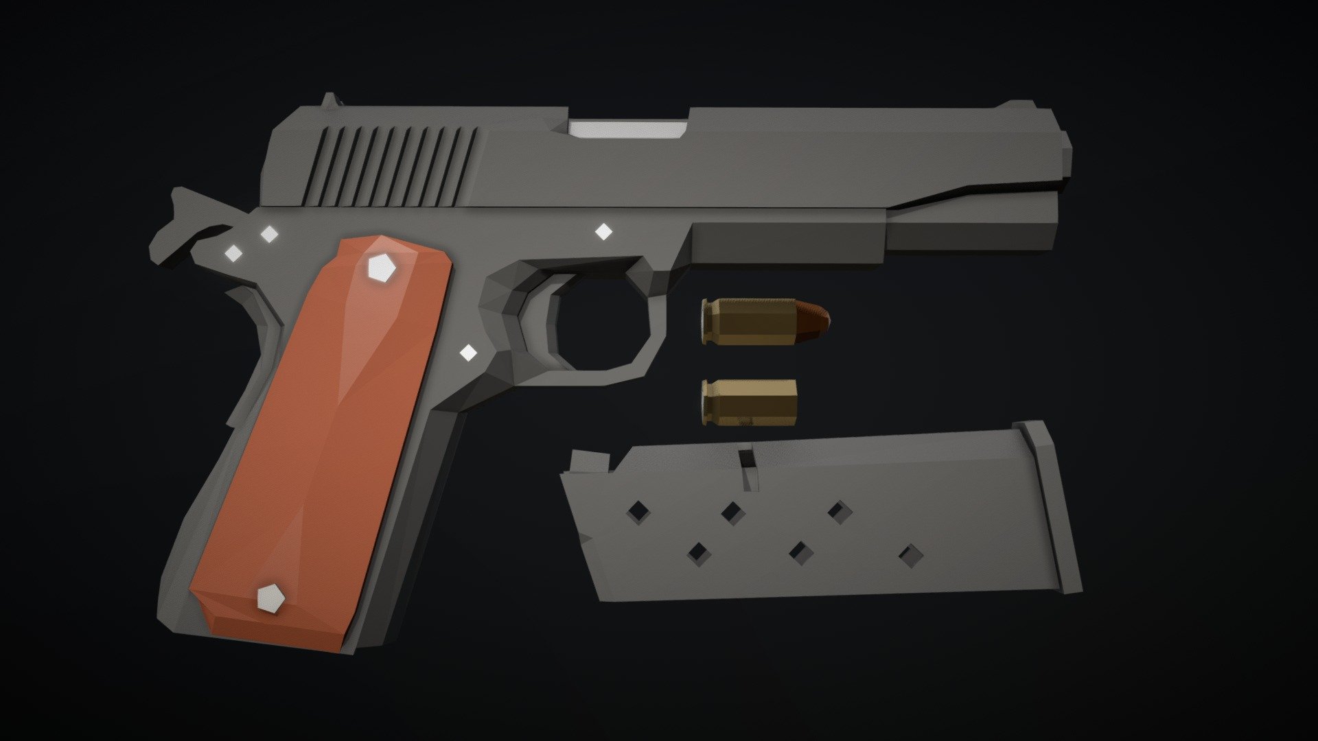Low-Poly model of a Colt M1911, a very well known pistol chambered in .45 ACP. This one has a 7-round capacity magazine.

Note: this is very similar to my M45 pistol, however I completely remade the inside of the slide, the rear of the barrel, and some other things, so it should be much more accurate 3d model