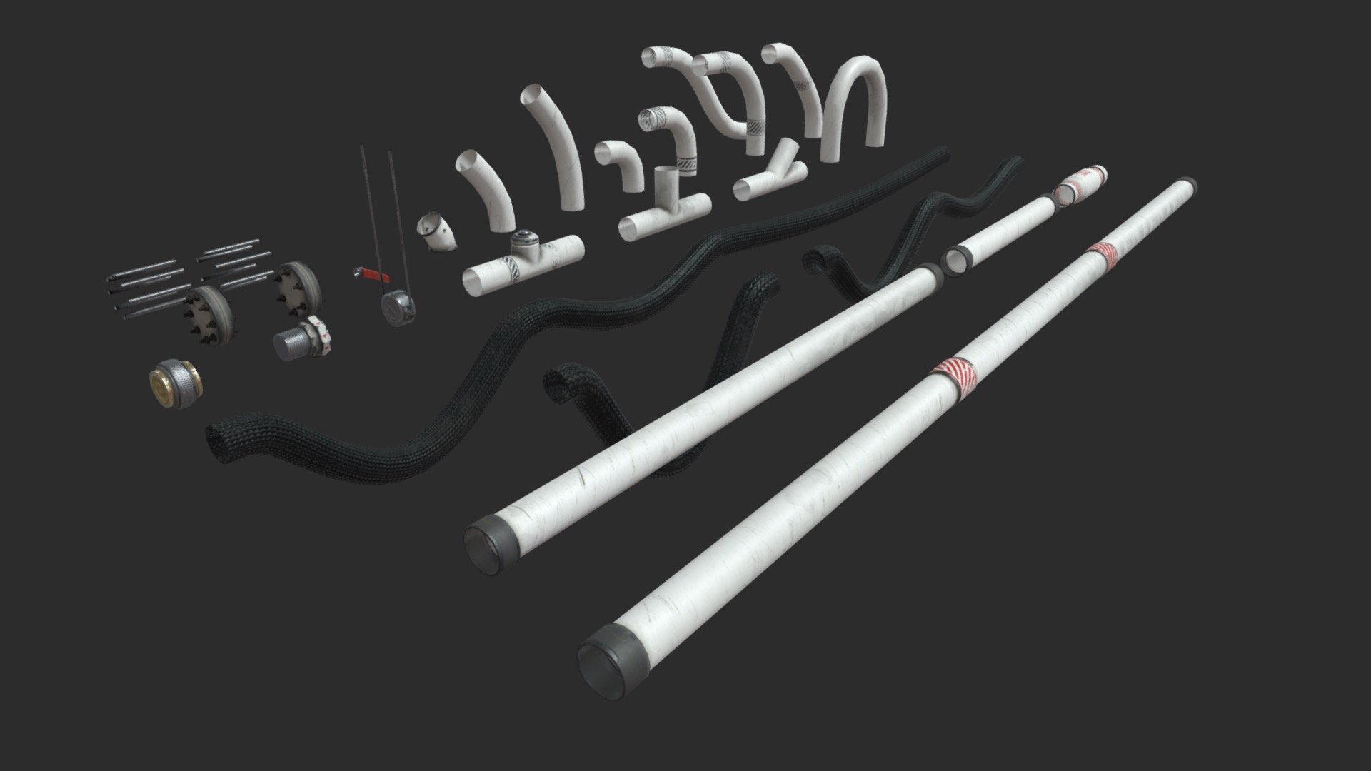 This modular pipes asset pack including 27 individual set Ø10 pipes with 4 LODs and colliders to get a good optimization. All elements can easily be positioned together by moving in 10cm increments. Also, this pack includes 37 pre-assembled sets to allow you to speed up your assemblies. 



INDIVIDUAL SETS INCLUDE :


4 elbow 90°
3 elbow 45°
1 U pipe
1 S pipe
2 T pipes
1 Y pipe
4 straight pipes
3 flexible pipes
2 screw joints
1 mounting bracket
1 handle valve
2 end of pipes
2 threaded rod sets

SPECIFICATIONS


Objects : 64
Polygons : 4975

GAME SPECS


LODs : Yes (inside FBX for Unity &amp; Unreal)
Numbers of LODs : 4
Collider : Yes
Lightmap UV : No

EXPORTED FORMATS


FBX
Collada
OBJ

TEXTURES


Materials in scene : 1
Textures sizes : 4K
Textures types : Base Color, Metallic, Roughness, Normal (DirectX &amp; OpenGL), Heigh &amp; AO (also Unity &amp; Unreal workflow maps)
Textures format : TGA &amp; PNG
 - Modular Pipes - Sci-Fi Painted White - Buy Royalty Free 3D model by KangaroOz 3D (@KangaroOz-3D) 3d model