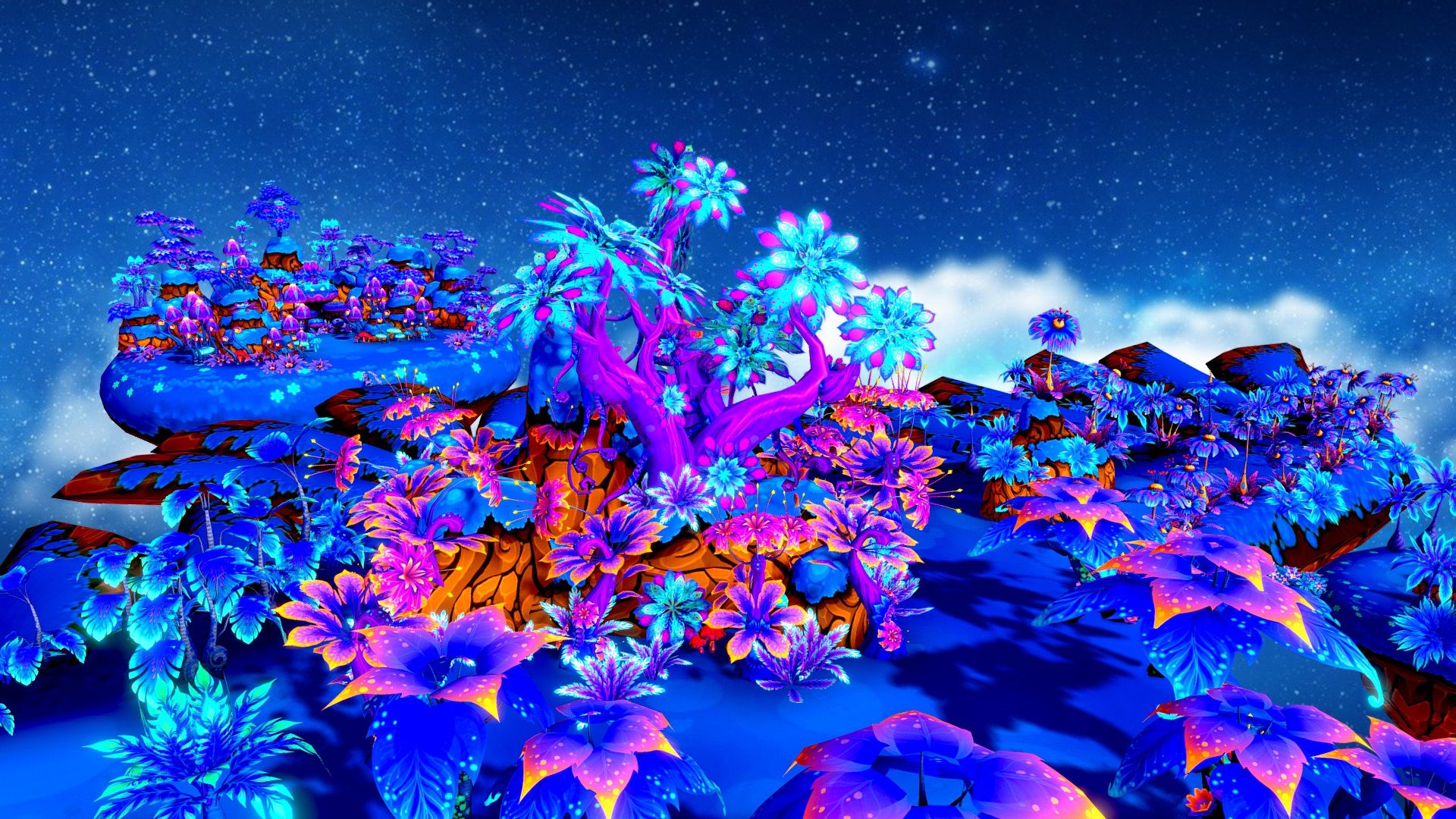 This asset contains more than 40 types of fantasy plants and vegetations which can help you create an epic and mighty environment. Theme for this content is a blue forest placed on top of an floating eagle-shape island. This theme is suitable for mystic night. Some small islands and mountains are also included to create variations for environment.   The asset use 3 atlas textures at 2048x2048. All trees are in one texture file - Mystic Forest - Land for mysterious plants - Buy Royalty Free 3D model by souchenki 3d model