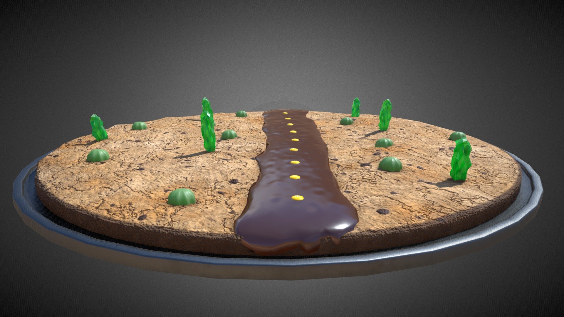 This is my entry for the #LowPolyDessertChallenge. The contest rules said to make sure to use two Ses in the hashtag because “LowPolyDesertChallenge” would be something else entirely, but I disagreed, so I made a cookie cake that was also a desert, complete with a chocolate syrup road, and icing and rock candy cactuses. :)

Made with blender and substance painter 3d model