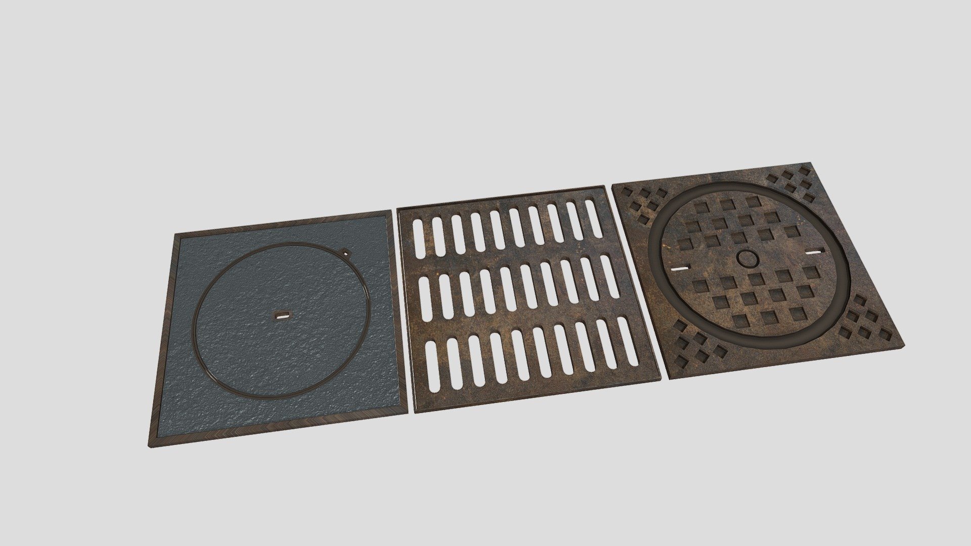 Three rusty Sewer plate.
Design base on Paris Sewer plate design.

Asphalt and Rusty Metal shader and texture - Three Sewer plate - Buy Royalty Free 3D model by FractDesign - Huguet Rémi (@blendercreation) 3d model