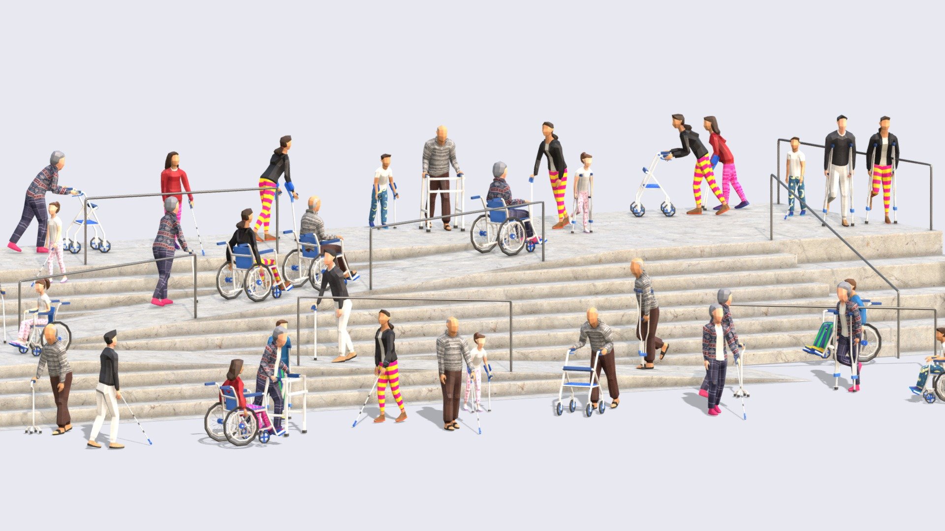 Disabled People Pack

Populate ramps, parks and other spaces to highlight areas where disabled people have been in mind. 


8 characters in different possitions
8 textures that can change inbeetween and compatible with all our other textures.
1 texture for all aids and compatible with our Vehicles textures.
Universal formats included OBJ, DAE, FBX, GLB &amp; Blend native files.
46 files in total including the cool stairs/ramp as shown in model.

Let us know if we missed something and we can add other models.

*Rest Pose people not included - Disabled People Pack - Buy Royalty Free 3D model by Studio Ochi (@studioochi) 3d model