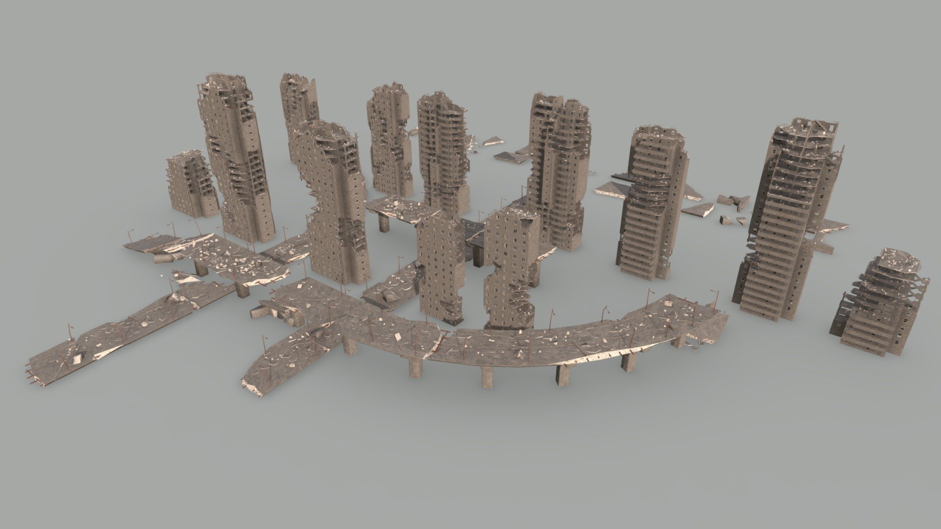 Purchase on Artstation 

This modular set allows you to create post-apocalyptic or post-war scenes of cities.

Includes 12 ruined buildings, roads, bridges, and debris. You can easily change the position of buildings or copy them to create a larger city. Designed to be modifiable

All materials, textures, and sample scene are included in the package.

The debris is individually modular.

One material for all objects (one texture is divided into parts on which the concrete, iron, glass and plastic).

Every object is in a separate mesh and has a vertex group: windows, armature, debris.

Textures made in Substance Painter 4096x4096, 2048x2048
Scene: 825,000 Polygons, 930,000 Vertices - Post War Ruined City - 3D model by Crazy_8 (@korboleevd) 3d model