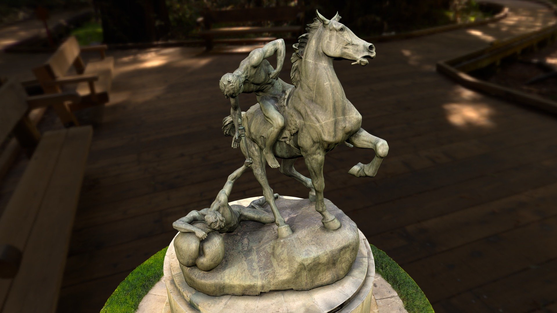 The Torch-Bearers is a sculpture by Anna Hyatt Huntington created in 1955. This sculpture shows a dying man, giving a torch, symbol of knowledge, to a young man on a horse, thus symbolizing the transmission of western culture and civilization through history. 

Find out more at https://www.soulbank.com/scene/309/the-torchbearers-valencia-spain - The Torchbearers, Valencia Spain - 3D model by Soulbank 3d model