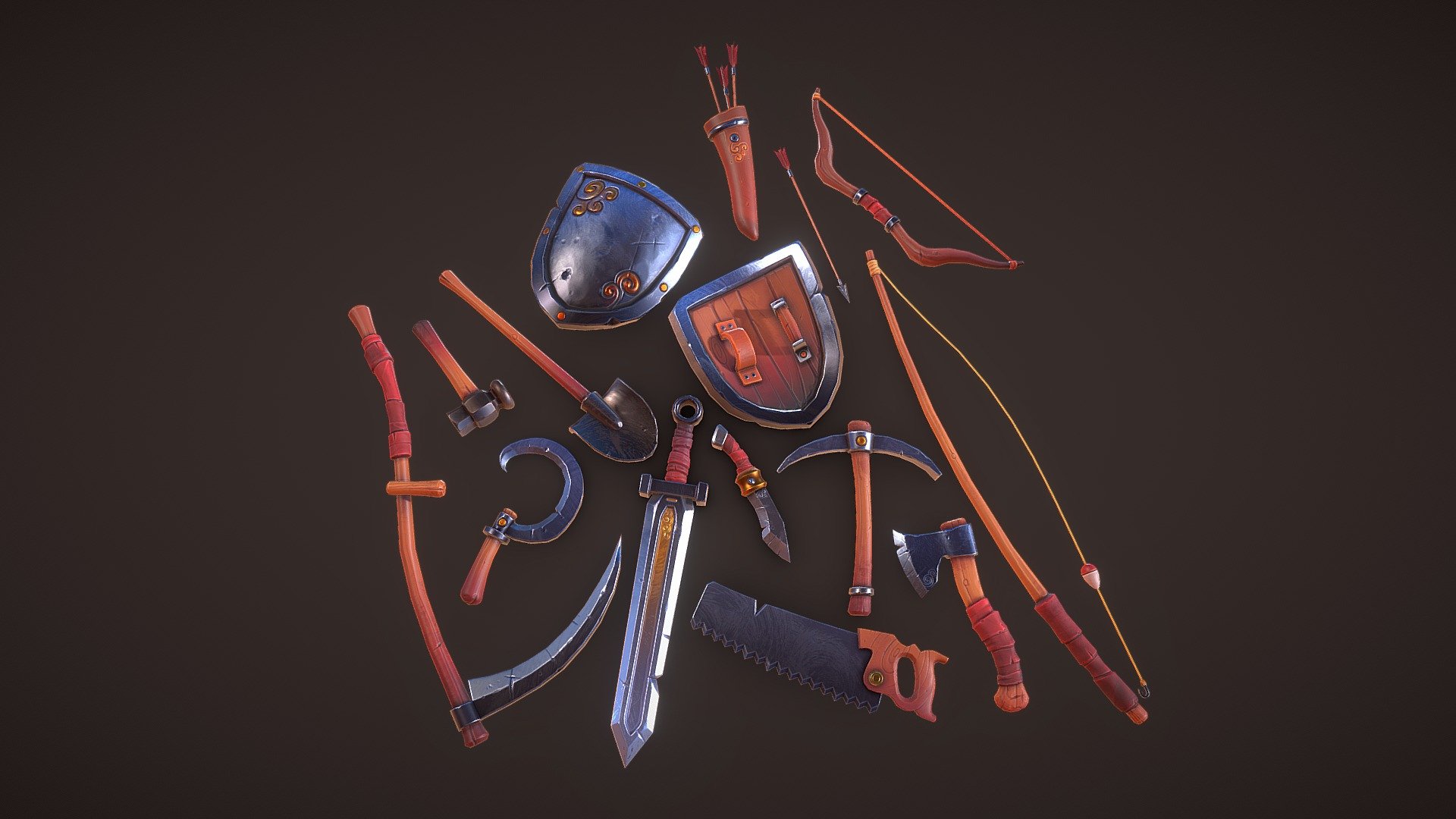 Links to the stores on the ArtStation: https://www.artstation.com/artwork/4bZw0Y

Asset pack for Unity Store and Unreal Marketplace. Pack contains 14 unique stylized Tools/Weapons with PBR handpainted textures 3d model