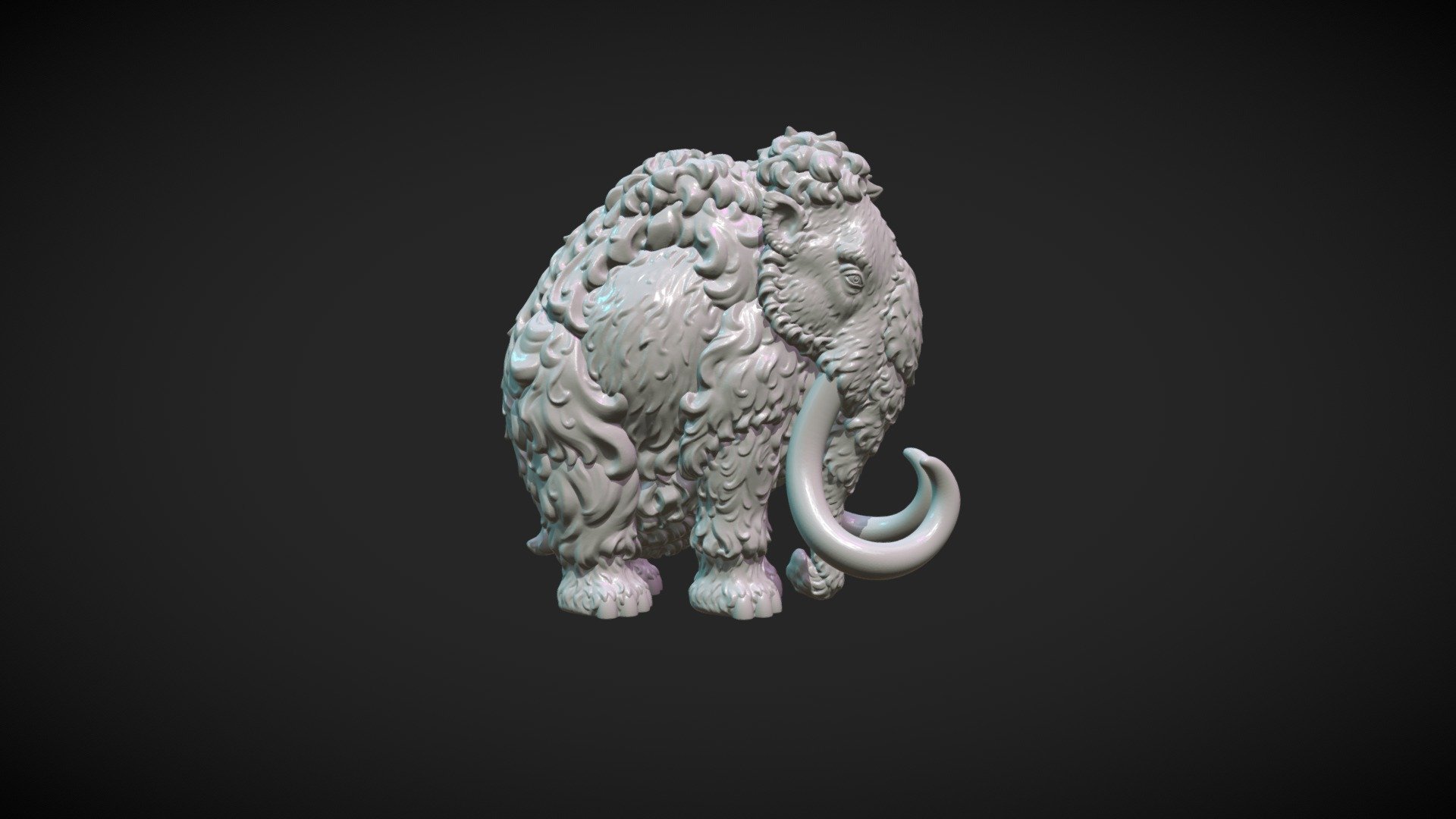 Print ready Mammoth figure in static pose.

Mesh is manifold. 
Measure units are millimeters, it is about 5 cm in height.

Faces count: 891010 (tris)

Here is solid and hollow versions of the mammoth. Wall thickness for hollow version is about 1 mm. Available formats: .blend, .obj, .stl, .fbx, .dae 

And here is version with tusks as separate object, that can be printed or carved separately. Three files of this version are available:

1) Tusks.stl 
2) Mammoth-Solid_withoutTusks.stl 
3) Mammoth-Hollow_withoutTusks.stl

And here is .blend files that contains hollow and solid versions with separate tusks.

======================================================== 

Cycles materials that was used for rendering is available in Mammoth-Solid.blend file 3d model