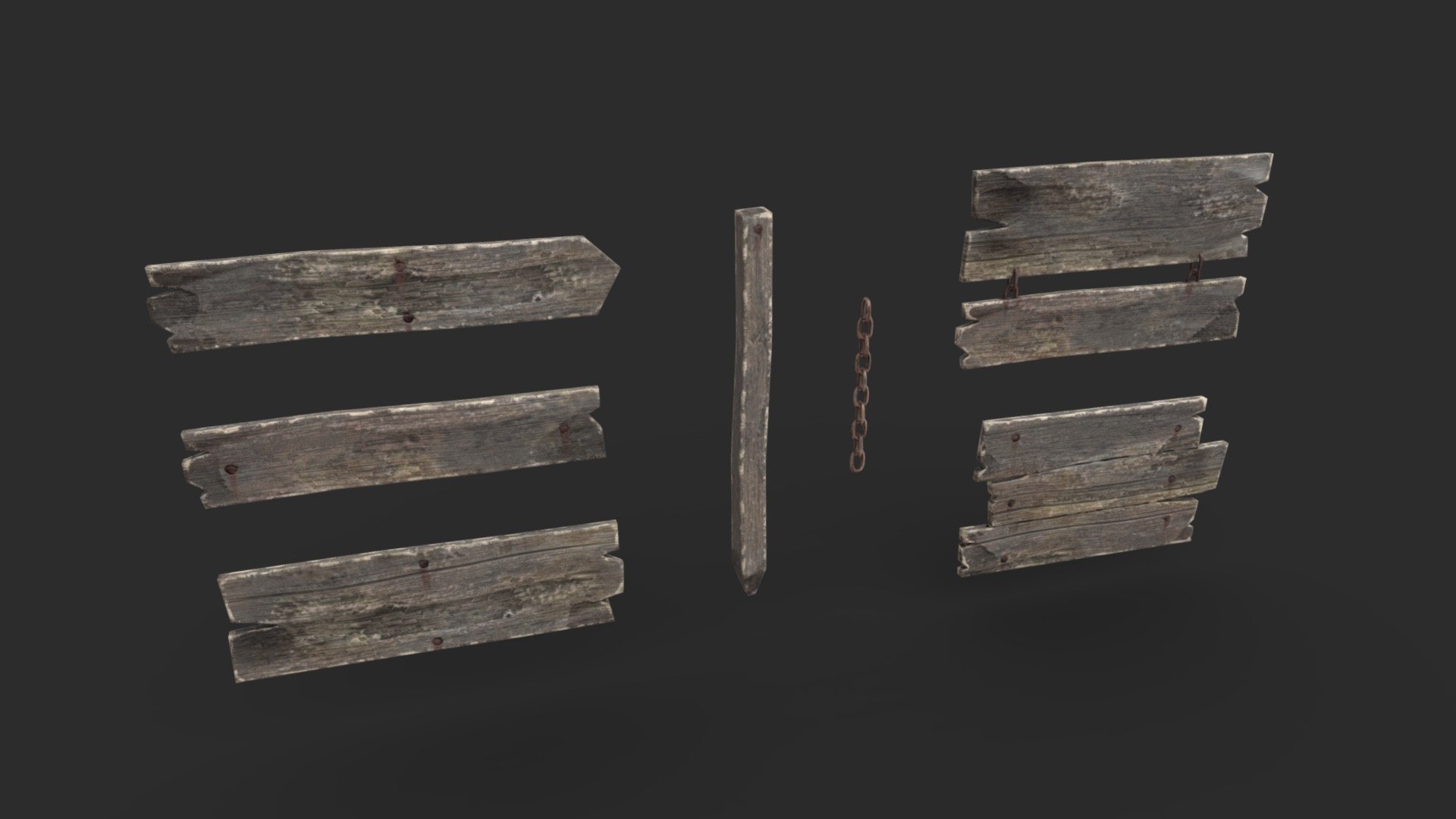 This retro wooden signs modular set includes 7 different objects and 4K PBR textures. The set includes 3 LODs for each object.

The assets are available in realistic style and can be used in any game (post-apo, first person shooter, GTA like, construction… ). All objects share a unique material for the best optimization for games.

Those AAA game assets of wooden signs will embellish you scene and add more details which can help the gameplay and the game-design.

The set includes a Substance Painter SBSAR file to help you to add some paint inscriptions on the planks.
Low-poly model &amp; Blender native 3.1

SPECIFICATIONS


Objects : 7
Polygons : 985

GAME SPECS


LODs : Yes (inside FBX for Unity &amp; Unreal)
Numbers of LODs : 3
Collider : No

EXPORTED FORMATS


FBX
Collada
OBJ

TEXTURES


Materials in scene : 1
Textures sizes : 4K
Textures types : Base Color, Metallic, Roughness, Normal (DirectX &amp; OpenGL), Heigh, Emissive &amp; AO (also Unity &amp; Unreal ARM workflow maps)
 - Old Wooden Signs Set - Buy Royalty Free 3D model by KangaroOz 3D (@KangaroOz-3D) 3d model