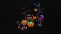 Stylized Halloween Assets tree, paper, candles, broom, rake, parchment, terrifying, cartoon, lowpoly, cauldron, witch, mobile, stylized, halloween, pumpkin, magic