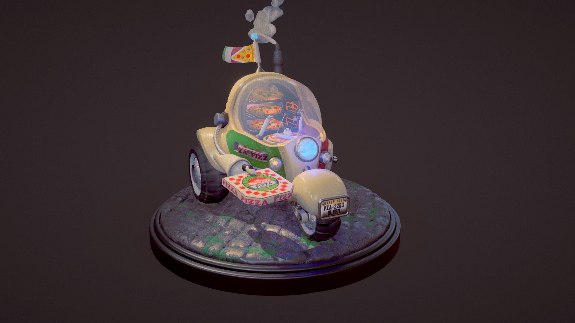 Had a lot of fun making this pizza-making-and-delivery robot! Sculpted on Zbrush, retopology and UV on 3DS Max, textured in Substance Painter.
76K vertices 3d model