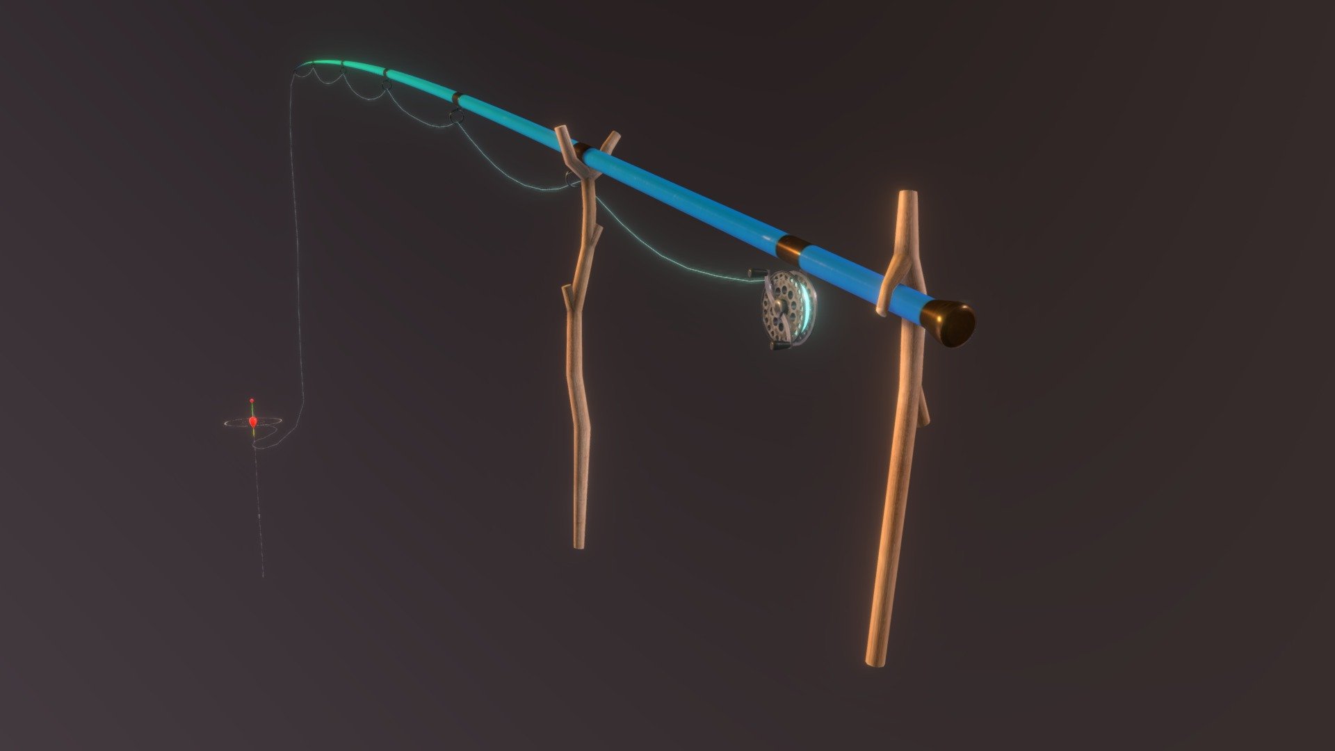 Lowpoly model of fishing rod (fishing pole). The rod is equipped with a simple inertial reel. PBR textures (Albedo Metallic Roughness Normal). Model construct from polygons and tris only (no n-gons) 3d model