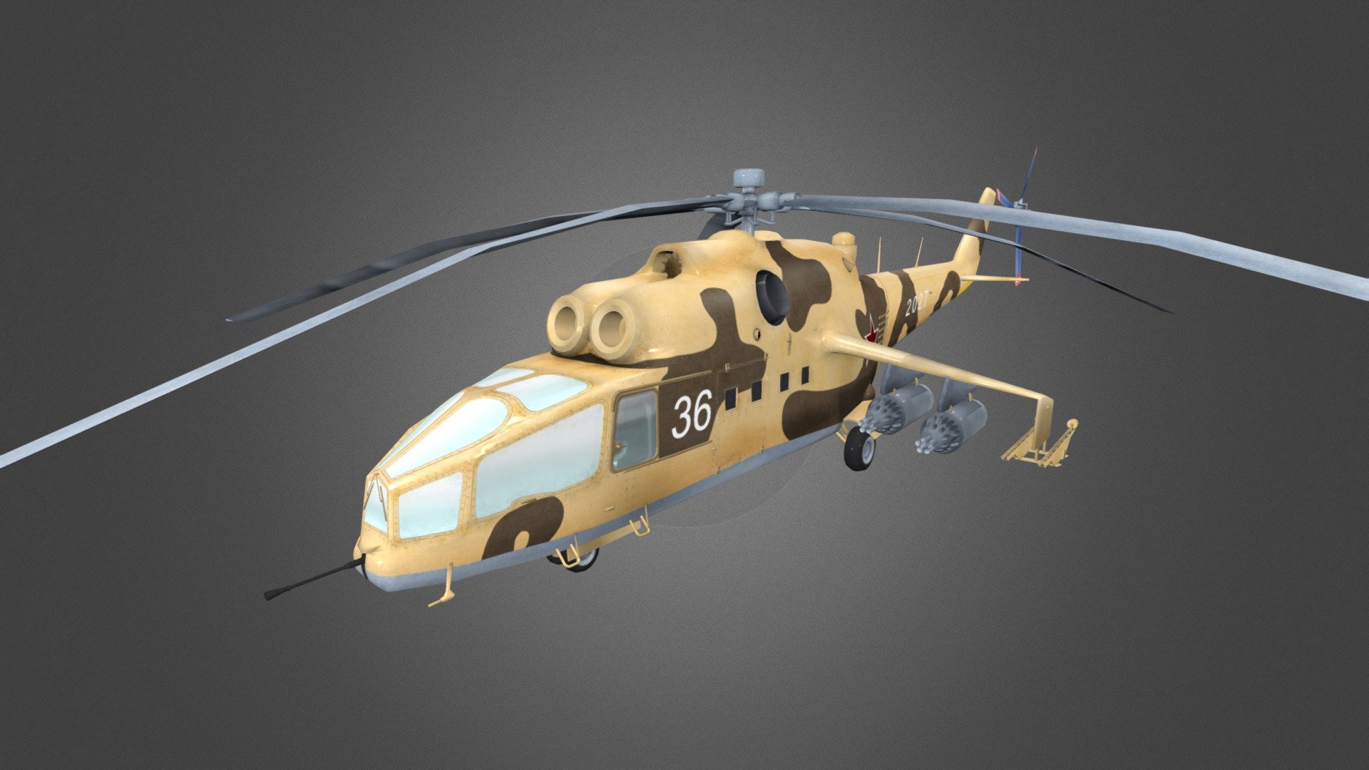 Low poly game-ready highquality and accurate 3d model of the Helicopter MI-24A Hind

Download: http://gamedev.cgduck.pro - Helicopter MI-24A Hind - 3D model by CG Duck (@cg_duck) 3d model