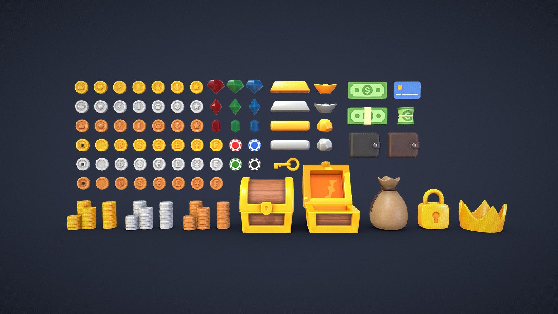 Pack of 89 models Treasure and Reward Props

Pack include:




Coin - 160 tris

Bitcoin  - 160 tris

Chinese Coin - 320 tris

Crown Coin - 160 tris

Dollar Coin - 160 tris

Euro Coin - 160 tris

Franc Coin - 160 tris

Heart Coin - 160 tris

Lightning Coin - 160 tris

Mario Coin - 160 tris

Paw Coin - 160 tris

Pound Coin - 160 tris

Skull Coin - 160 tris

Yen Coin - 160 tris

Pile of 5 Coin - 160 tris

Pile of 8 Coin - 160 tris

Pile of 10 Coin - 160 tris

Pile of random 10 Coin - 1240 tris

Bank Card - 172 tris

Chinese Bar - 320 tris

Bar - 108 tris

Cash - 108 tris

Cash Pile - 188 tris

Cash Roll - 520 tris

Chest - 736 tris

Crown - 500 tris

Asscher Diamond - 94 tris

Emerald Diamond - 116 tris

Rhombus Diamond - 72 tris

Ingot - 108 tris

Lock - 328 tris

Cash Roll - 520 tris

Key - 402 tris

Poker Chip - 256 tris

Rock - 526 tris

Wallet - 948 tris

Money Bag - 1968 tris

Diffuse, Normal, Roughness and Metalic textures

2048x2048 PNG textures

AR / VR / Mobile ready - Treasure and Reward Pack - Buy Royalty Free 3D model by Andrii Sedykh (@andriisedykh) 3d model