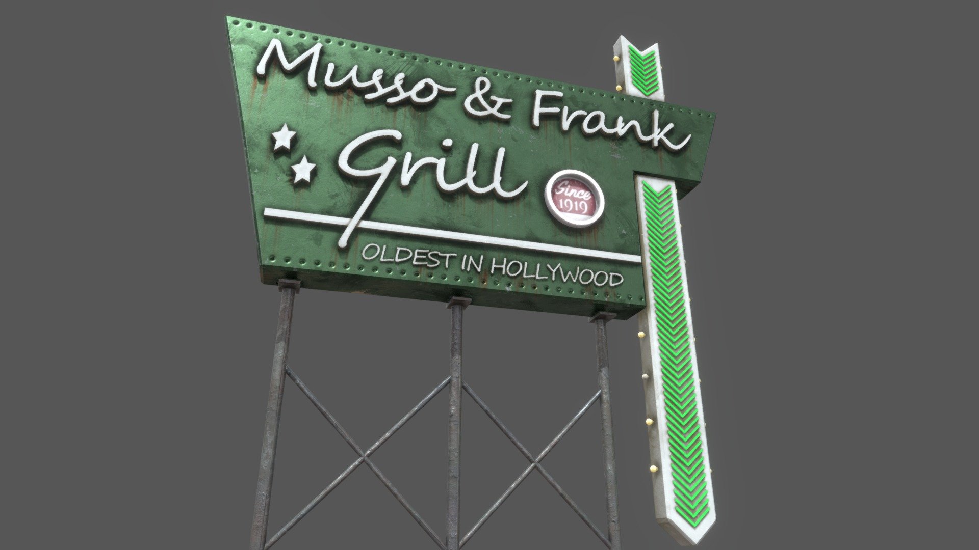 Signage to classic American fare &amp; martinis to diners in red booths at Hollywood's oldest eatery.

This is a large metal sign that usually sits atop a city building, advertising a restaurant 3d model
