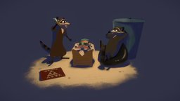Alley Raccoons raccoon, alley, handpainted, cartoon, blender