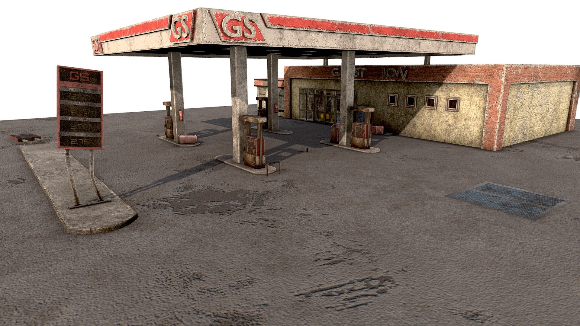 Features:




Low poly.

Optimized.

Game ready.

Separated and nomed parts.

Easy to modify.

Textures included and materials applied.

All formats tested and working.

PBR textures 2048x2048
 - Old Gas Station Abandoned 2 - Buy Royalty Free 3D model by Elvair Lima (@elvair) 3d model