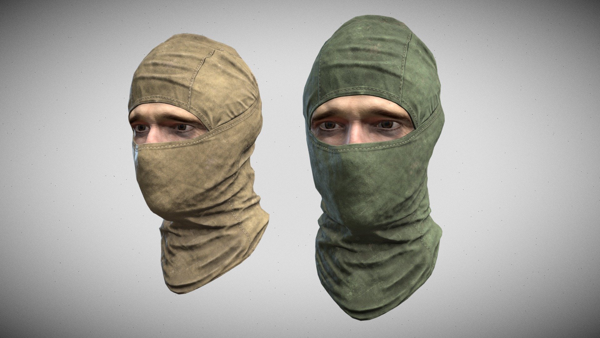 Game-Ready PBR low-poly model of military balaclava.
All materials and textures are included.
The textures of the model are applied with UV Unwrap.
Normal map was baked from a high poly model.
Including 3dsmax and Blender, OBJ and FBX.

3561 polygons
5642 triangles
2960 vertices

Maps:

balaclava_AO.tga, balaclava_Curvature.tga, balaclava_Grossiness.tga, balaclava_Metallic.tga, balaclava_Roughness.tga, balaclava_Specular.tga, balaclava_Normal.tga, balaclava_Diffuse_Sand.tga, balaclava_Diffuse_Green.tga (2048x2048)

eyelashes_alpha.tga (512x512) - Military Balaclava - Buy Royalty Free 3D model by alpenwolf (@alpen) 3d model