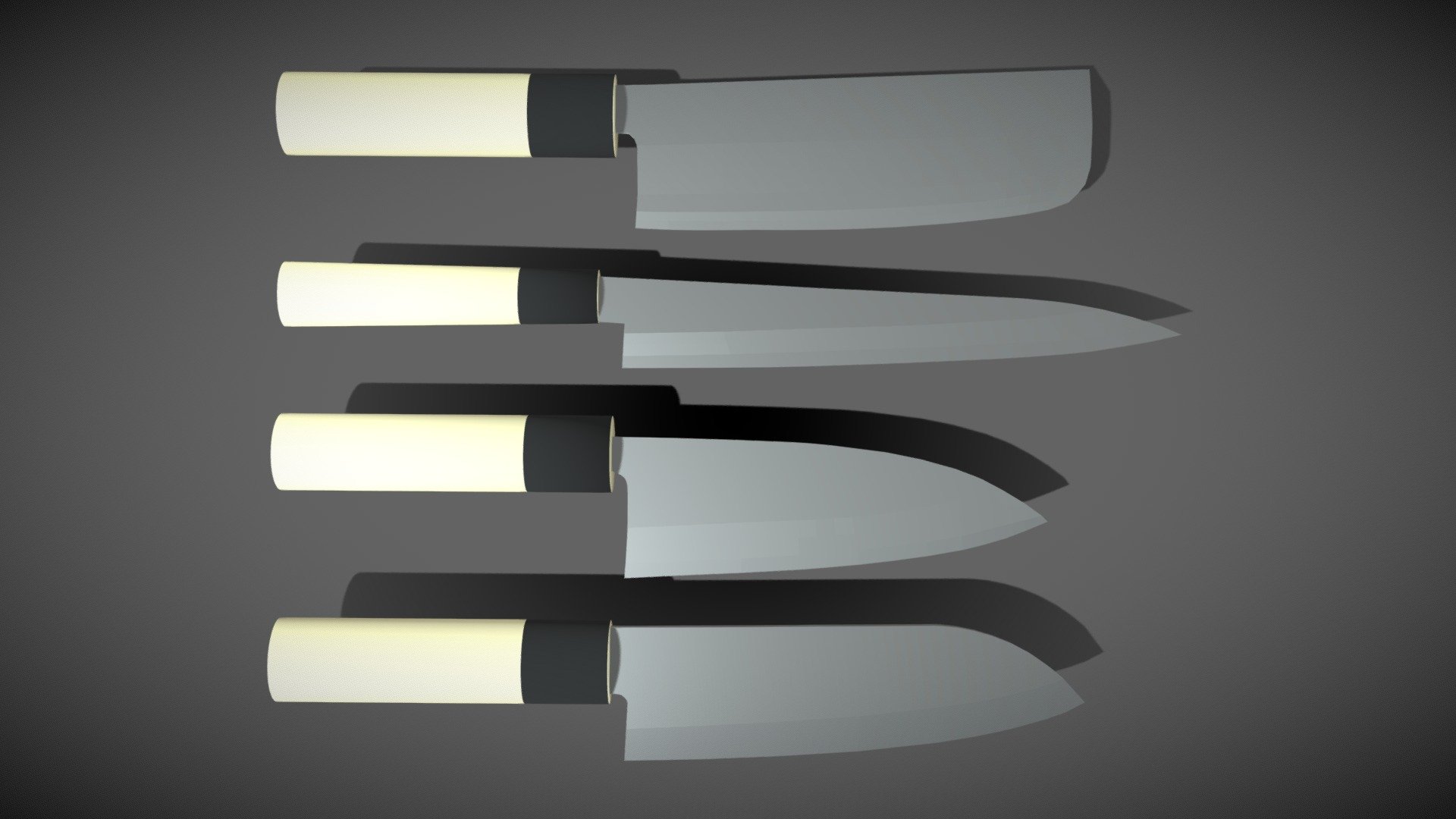 A set of exelent japanese knifes. Thes 4 knifes are the base of every japanese kitchen. 
Kodeba: is a typical meet knife to cut normal steaks or other parts of meet
Nakiri: it is used to cut vegetables
Santoku: it is used for all kinds of cutting
Sashimi: it is used for filleting Fisch

All knifes are Lowpoly Meshs and can be used for Games and more 3d model