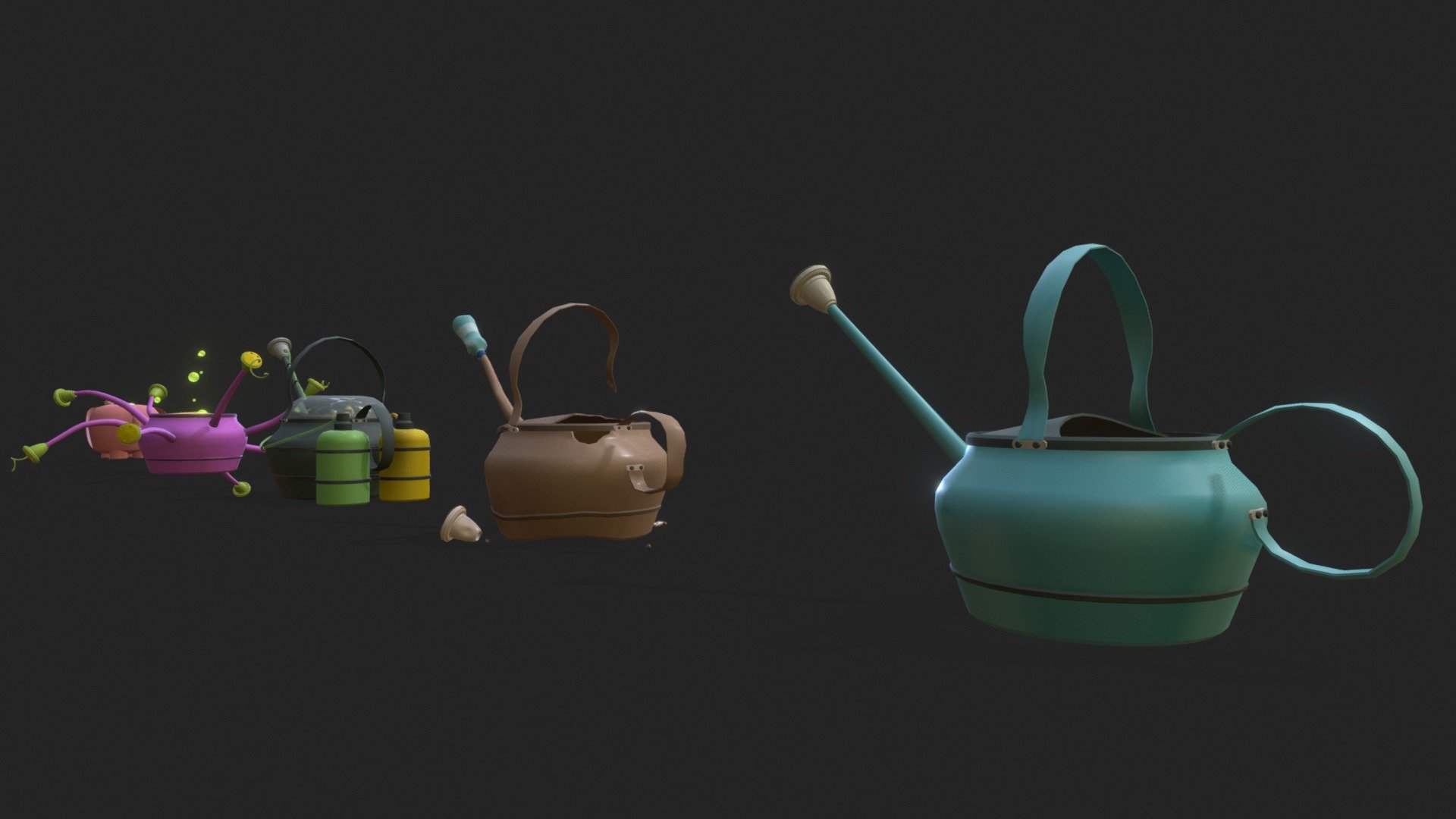 5 types of watering can: 
Completely new watering can
Very old watering can 
Special purpose watering can 
Crazy watering can 
And watering can that is used by a child - Watering Can - Download Free 3D model by Snegink 3d model