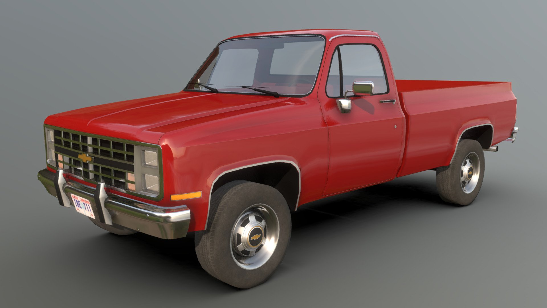 Mid-poly model of a later model 1973-1987 Chevy squarebody single cab pickup. Steel wheels kindly provided by @EzoYEAHH, the rest is scratch modelled by me. 

Exterior - 35,114 tris

Interior - 10,956 tris

Rims/Tires - 25,096 tris (including hubcaps)

Total - 71,166 - 1984 Chevrolet C10 - 3D model by n1ck (@captainpisslord) 3d model