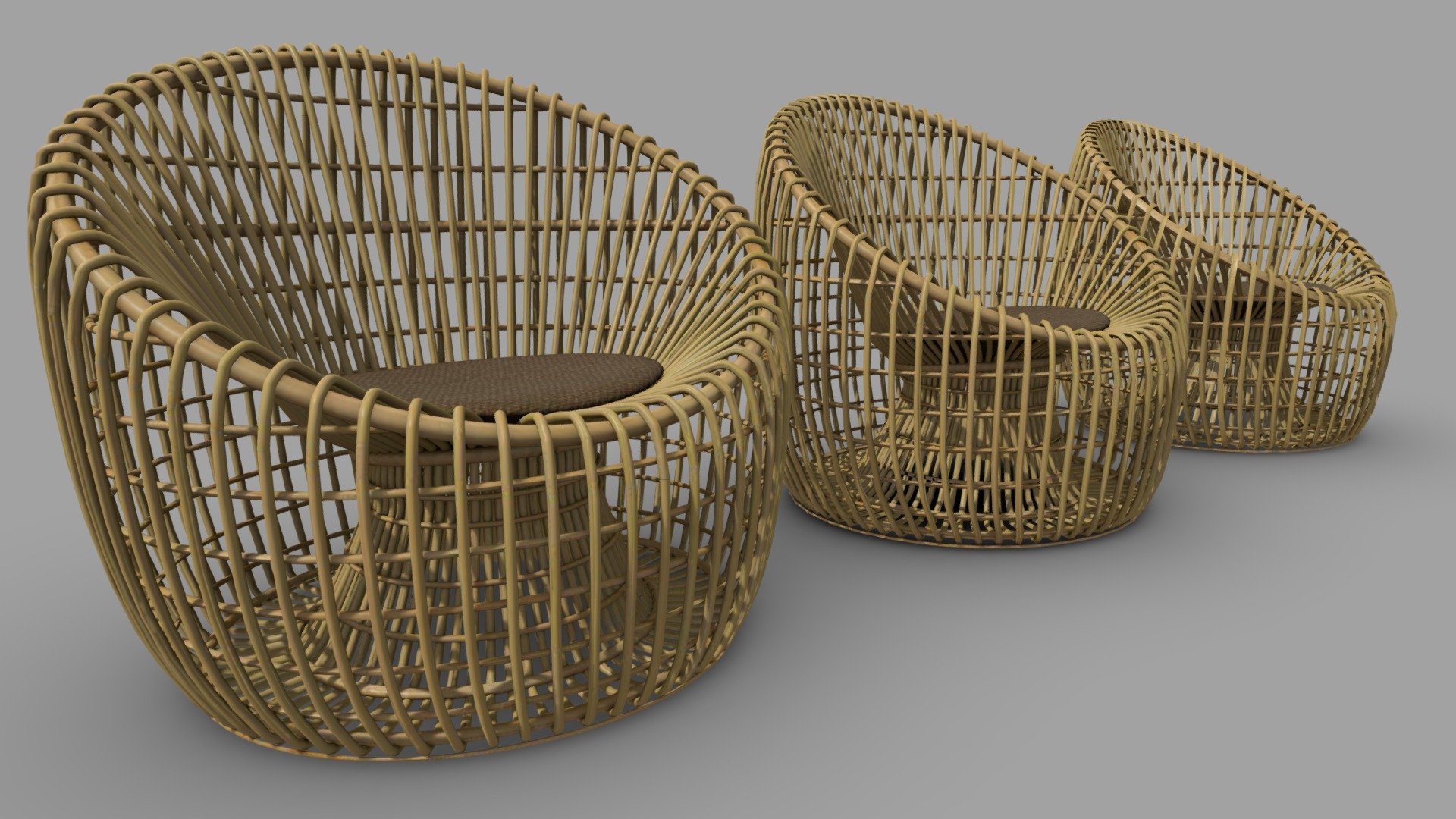 Rattan Armchair, 3 models, Super High Poly (78.3K), High Poly (19.6K) and Low poly (9.6K) 3d model