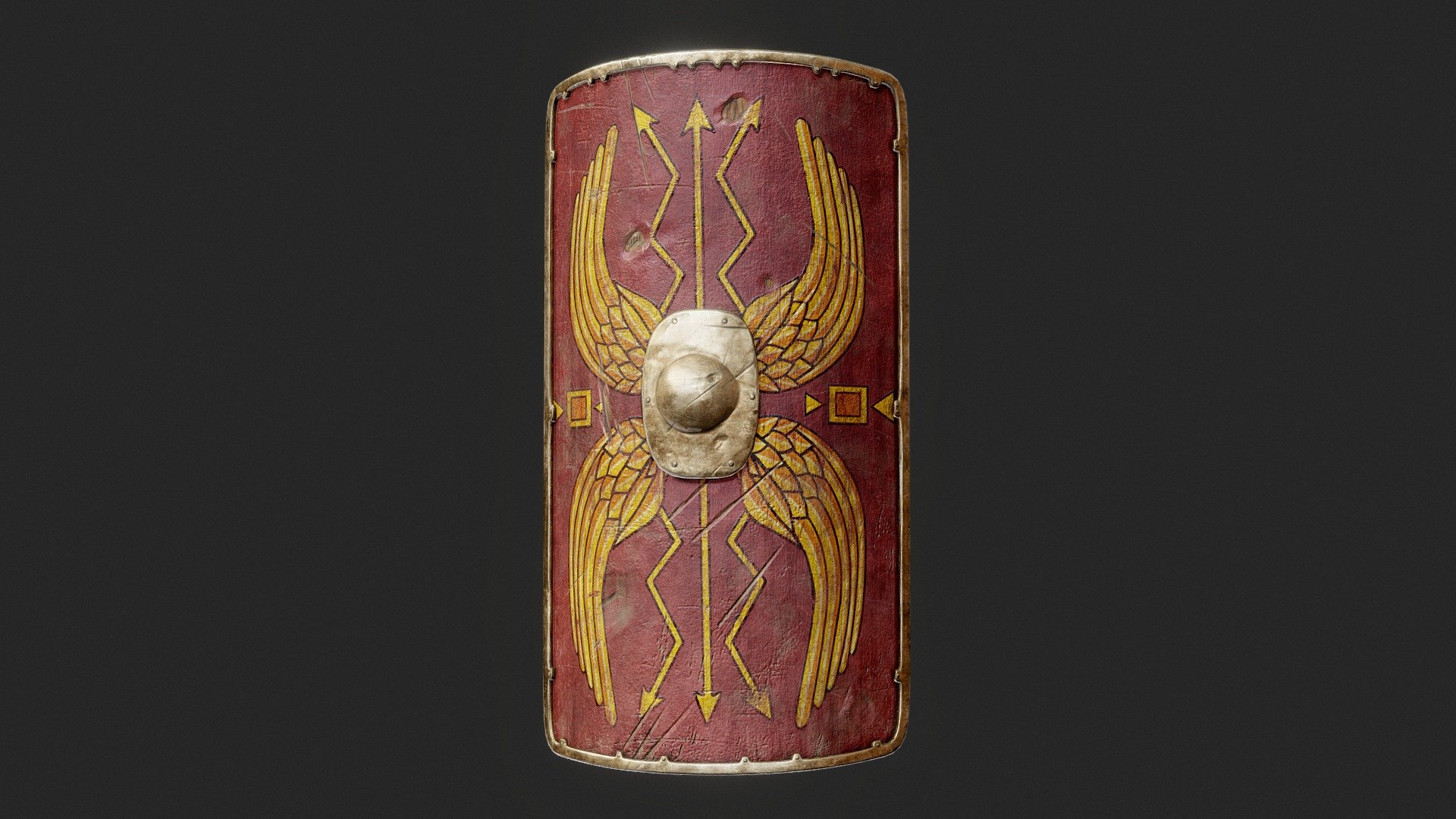 Appearing in the later 40 or 50 Century AD. A convex rectangular shield made of wood, glue, and a layer of canvas and calf skin. 

A metal rim protects the edges of the shield from splintering, and an Iron or bronze shield boss in the center that can deliver devastating defensive blows and stop projectiles. 

The scutum was the most prominent feature and constituted the primary protective armament of a roman legionarie.

Model made with Maya, Zbrush, Substance Painter 3d model