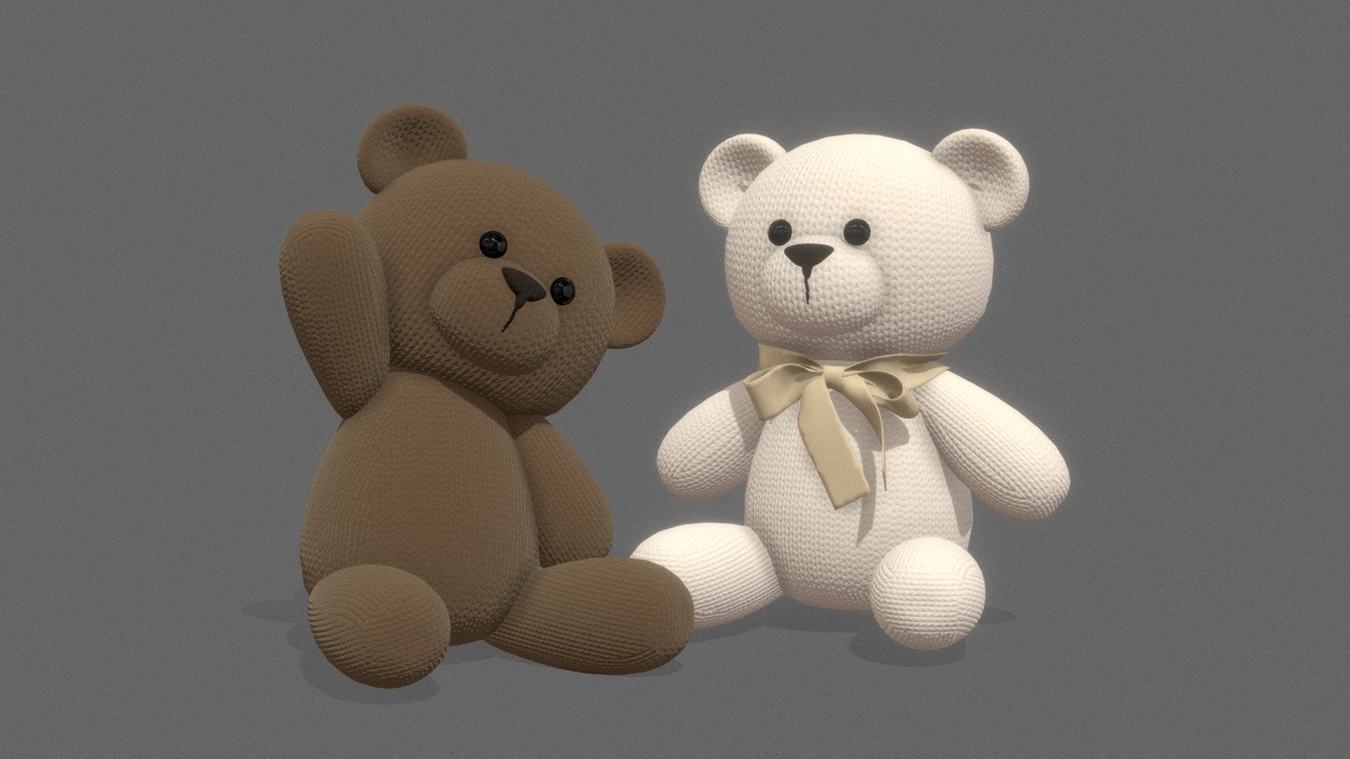 Cute plush teddy bear toys
Brown / white with a ribbon

Render example with hair particles using blender: https://www.instagram.com/p/Cbu5vf_NF8c/

rigged posed model
made with Blender - Teddy bears - Download Free 3D model by hectopod 3d model