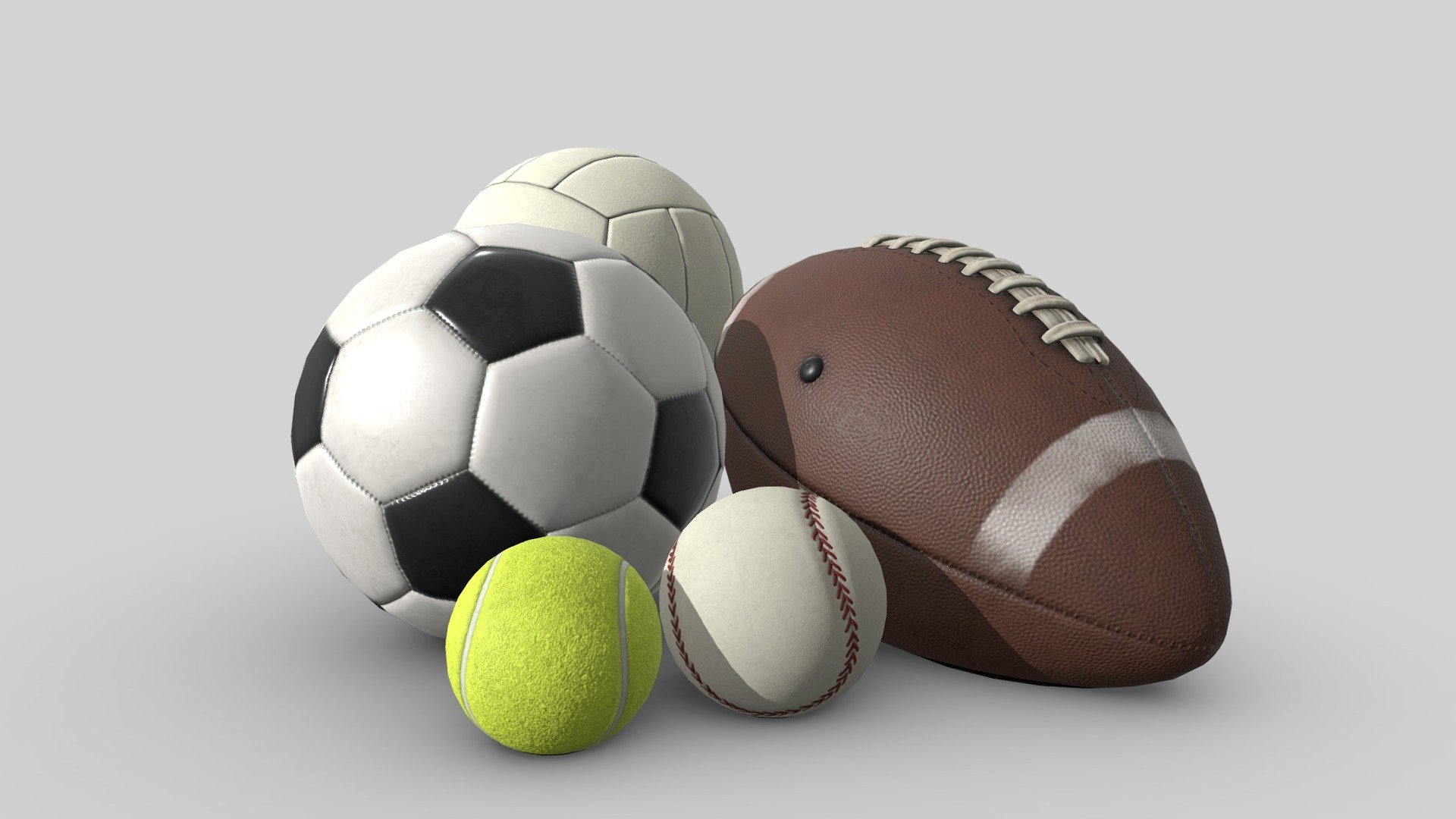 A collection of balls used in sports played all around the world. This pack includes a baseball, football, soccerball/futbol, tennisball, and volleyball. Details on these models have been achieved through normal map baking, so the models are low-poly and highly optimized for use in games and films.

I've included Unity URP-ready materials and an unposed version in the additional files. If you have trouble accessing this, please contact me here.

If you like these assets, please consider supporting me with a tip on Ko-fi 3d model