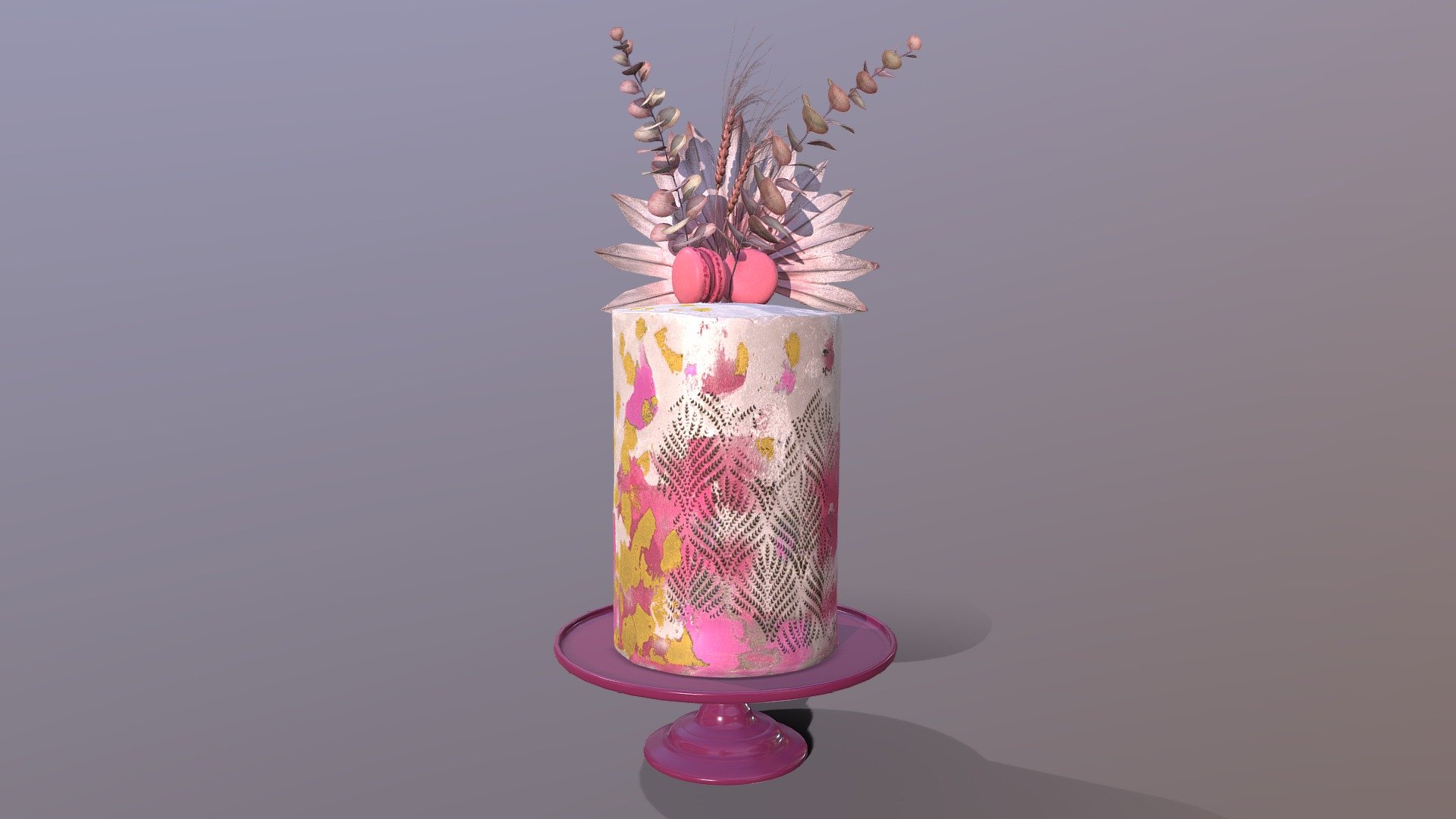 3D scan of a Luxury Golden Pink Buttercream Cake on the elegant mosser stand which is made by CAKESBURG Online Premium Cake Shop in UK.

This 3D cake can be personalised with any text and colour you want. Please contact us.

You can also order real cake from this link: https://cakesburg.co.uk/products/luxury-buttercream-cake-06?_pos=1&amp;_sid=27f107744&amp;_ss=r

Cake Textures - 4096*4096px PBR photoscan-based materials (Base Color, Normal, Roughness, Specular, AO)

Macarone textures - 4096*4096px PBR photoscan-based materials (Base Color, Normal, Roughness, Specular, AO)

Palm, Eucalyptus and Wheat Textures - 4096*4096px PBR photoscan-based materials (Base Color, Normal, Roughness, Specular, AO) - Luxury Golden Pink Buttercream Cake - Buy Royalty Free 3D model by Cakesburg Premium 3D Cake Shop (@Viscom_Cakesburg) 3d model