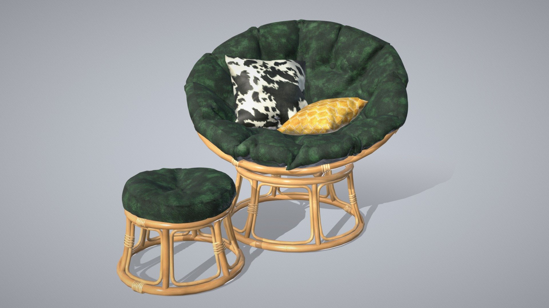 Detailed model of a rattan chair with green upholstery, decorative pillows and foot ottoman.
Luxurious green papasan chair upholstered in velvet will become a bright accent in any interior.

And will add an atmosphere of coziness and comfort to your 3D project, game or metaverse:)



Video about the model


Model info



clean topology, 21k faces

clean UV

6 sets of texture maps (BaseColor, Metallic, Roughness, Normal) in 4K and 2K resolution

6 materials

ready to use in blend, fbx and obj formats

Built with Blender. Origin Blender file attached.


Thanks for watching^.^
Have questions about the model? Mail me: tochechkavhoda@gmail.com - Green papasan chair with ottoman (3D) - Buy Royalty Free 3D model by tochechka 3d model