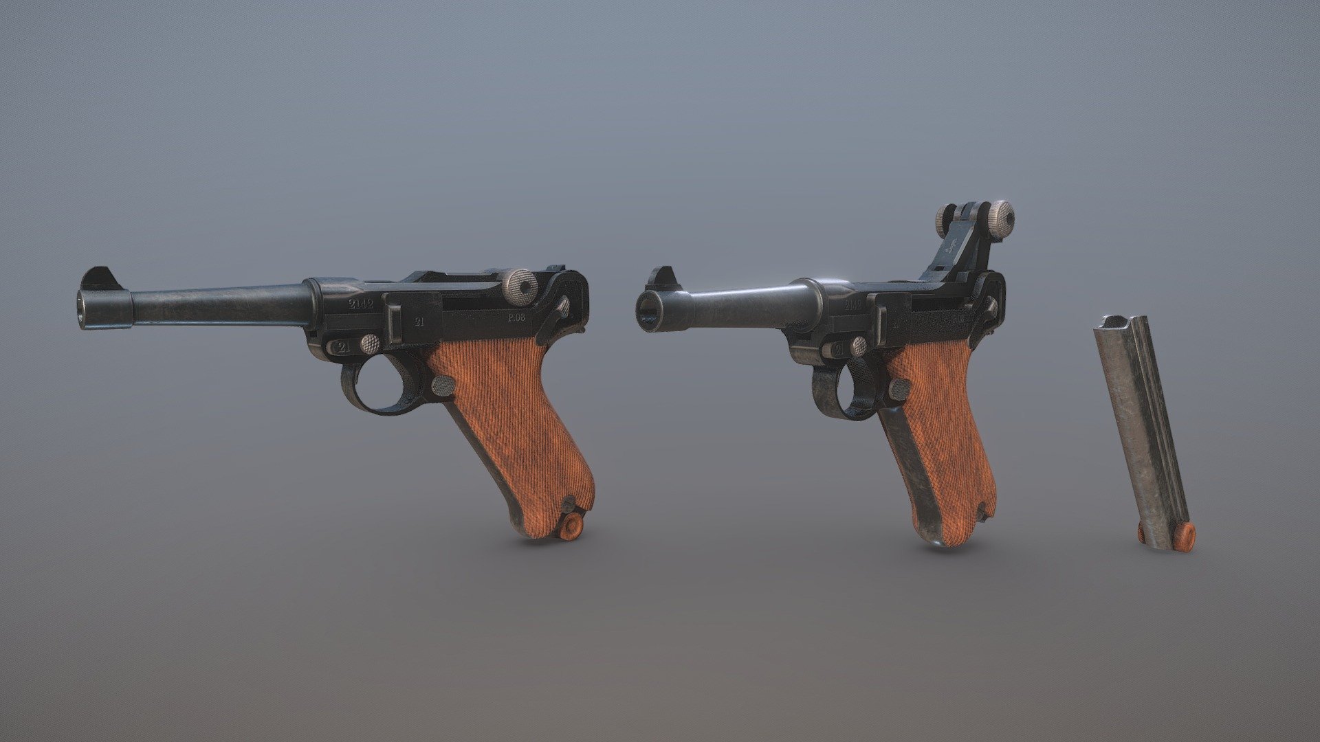 Been trying to push myself to create more complex hard surface models, so I spent the last few days working on this, a P08 Luger. An absolute classic of the World Wars, and a revolutionary design in firearms history. 

Not 100% accurate or specific to any single Luger variant, I picked little pieces of aesethics from different models that I liked, but most of the details are there, functional controls are there, and the important silhouettes are all there.

I did design the model with &ldquo;game ready