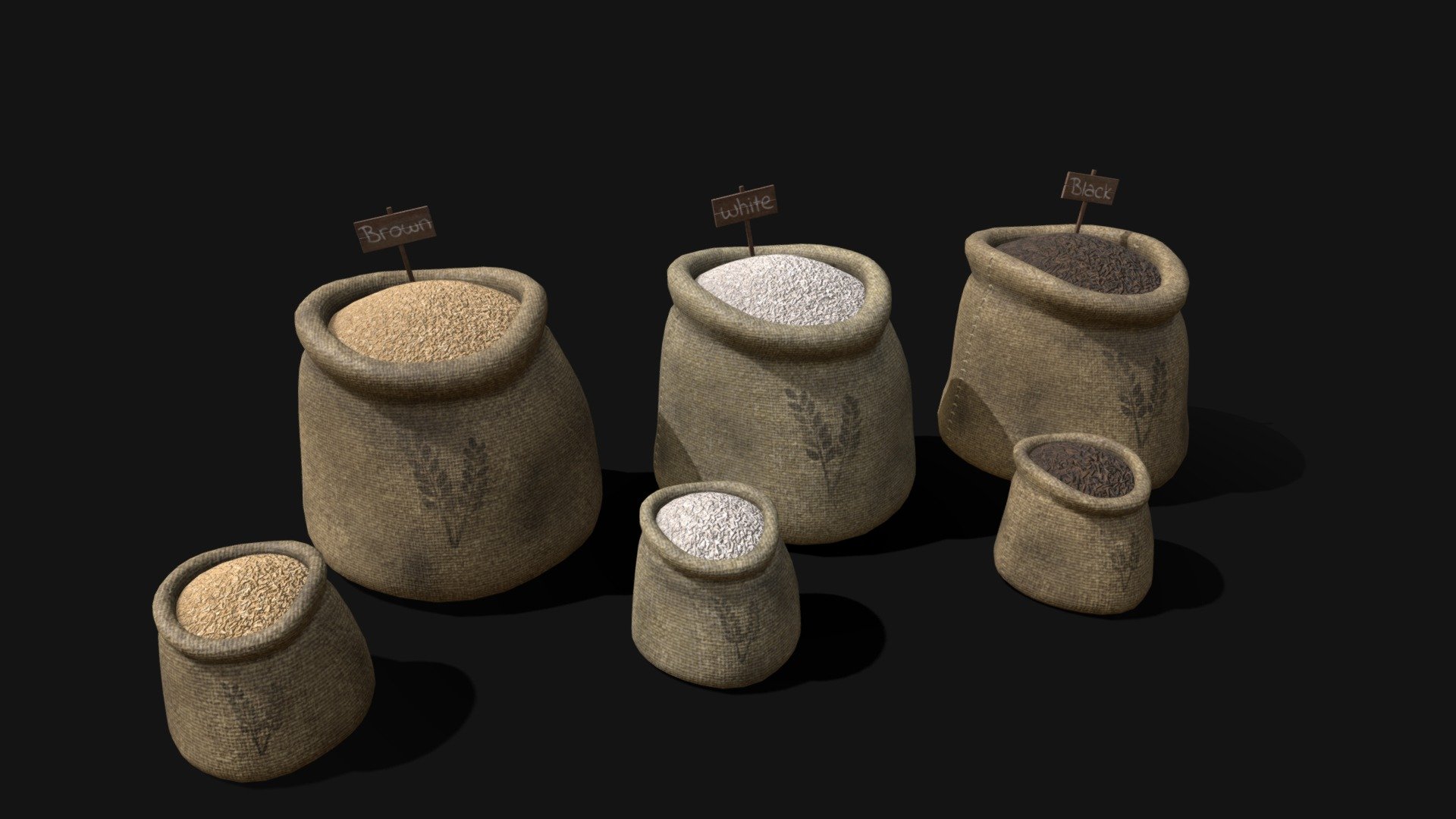 Rice Sacks 3D Model. This model contains the Rice Sacks itself 

All modeled in Maya, textured with Substance Painter.

The model was built to scale and is UV unwrapped properly

⦁   9252 tris. 

⦁   Contains: .FBX .OBJ and .DAE

⦁   Model has clean topology. No Ngons.

⦁   Built to scale

⦁   Unwrapped UV Map

⦁   4K Texture set

⦁   High quality details

⦁   Based on real life references

⦁   Renders done in Marmoset Toolbag

Polycount: 

Verts 4818

Edges 9474

Faces 4683

Tris 9252

If you have any questions please feel free to ask me 3d model