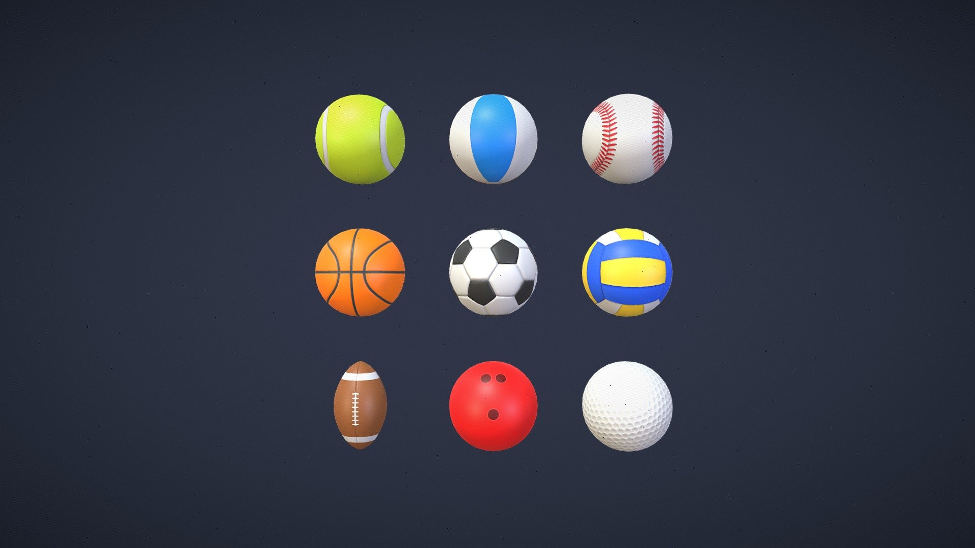 Pack of 9 different models of sport balls

Pack include:




Baseball - 768 tris

Basketball - 768 tris

Beach ball - 768 tris

Bowling ball - 768 tris

Football - 960 tris

Golf ball - 768 tris

Soccer ball - 768 tris

Tennis ball - 768 tris

Volleyball - 768 tris

Number of textures: 18 - Bace Color and Normal

Texture dimensions: 2048 x 2048 png

UV Mapping : Yes - Sport Balls Pack - Buy Royalty Free 3D model by Andrii Sedykh (@andriisedykh) 3d model