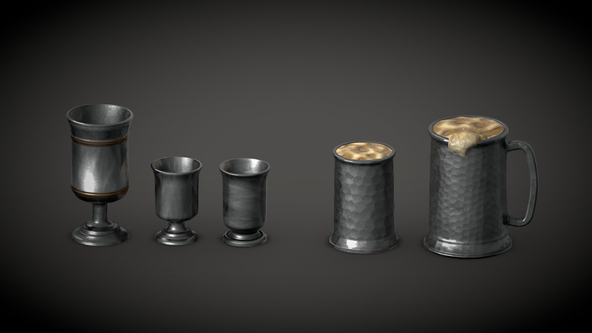 A collection of hero prop medieval cups.

These cups are made in a Medieval design of metal cups using 2 texture sets, one set for the 3 Pewters and one set for the 2 tankards

These props are highpoly and are designed to viewed and/or interacted with up close and are not optimised to be used en masse such as enviromental props in videogames.

Additional Files:
The models
2k Textures
4k Textures
Blender File - Medieval Cups Hero Prop - Buy Royalty Free 3D model by Smoggybeard 3d model