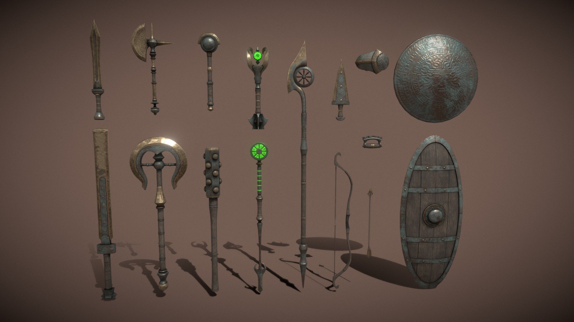 A set of fantasy Bronze weapons.

The set consists of sixteen unique objects.

PBR textures have a resolution of 2048x2048.

Total polygons: 38516 triangles; 19651 vertices.

1) Sword (one-handed) - 1748 tris
2) Sword (two-handed) - 1648 tris
3) Mace (one-handed) - 1644 tris
4) Mace (two-handed) - 2688 tris
5) Ax (one-handed) - 3390 tris
6) Ax (two-handed) - 3564 tris
7) Lance - 3058 tris
8) Dagger - 1200 tris
9) Brass knuckles - 1516 tris
10) Bow - 3092 tris
11) Staff - 2616 tris
12) Scepter - 3110 tris
13) Shield (small) - 2298 tris
14) Shield (medium) - 2456 tris
15) Shield (great) - 3716 tris
16) Arrow - 772 tris

Archives with textures contain:

PNG textures for blender - base color, metallic, normal, roughness, opacity, glow

Texturing Unity (Metallic Smoothness) - AlbedoTransparency, MetallicSmoothness, Normal, Emission

Texturing Unreal Engine - BaseColor, Normal, OcclusionRoughnessMetallic, Emissive - Bronze weapons fantasy set - 3D model by zilbeerman 3d model