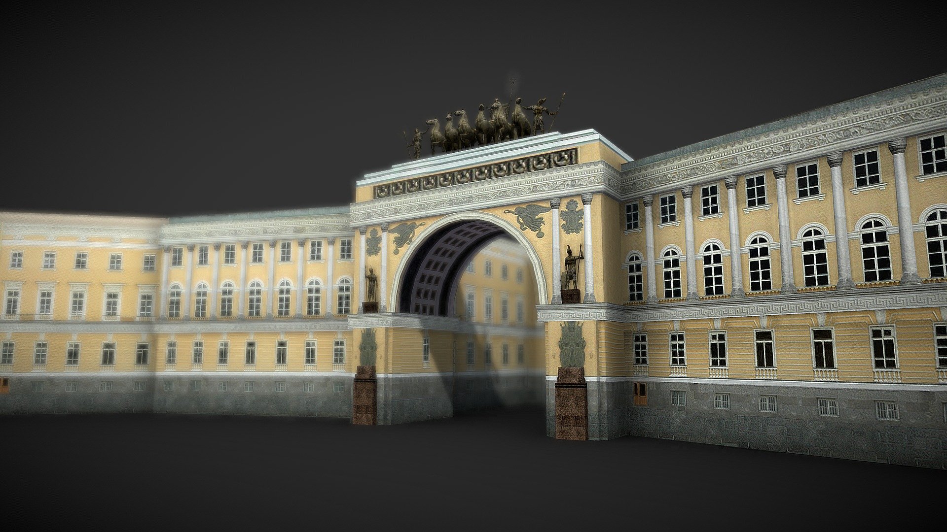 General Staff Building (Palace Square, Saint Petersburg) low poly 3D model.




7978 polys

12503 tris

7697 verts

Textures:




day diffuse

night diffuse

normal bump

ambient occlussion

windows specular

Textures are in PNG and TGA 1024x1024 - General Staff Building - Buy Royalty Free 3D model by Realtime (@gipapatank) 3d model