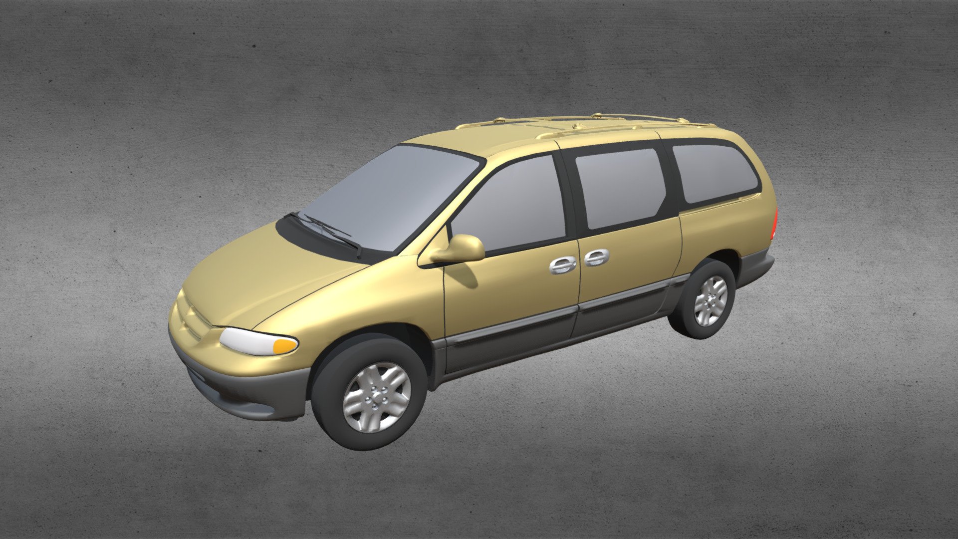 The Dodge Caravan is a family minivan manufactured by Chrysler Group LLC and sold under its Dodge brand.

This digital model is based on the 1996 version of the Dodge Caravan.

Product Features:
- Made entirely with 3 and 4 point polygons.
- Does not have an interior cabin, so we recommend darkening the windows.
- Because of this, the doors are not separate parts.
- Includes group information for all 4 wheels
- Although the model includes these parts, this version of the model is not rigged.
- Includes logically named materials, which makes it very easy to recolor the model.
- The model has basic UV mapping and NO textures are included. You'll need to apply your own shaders, such as metal and fabric.

Original model by Digimation and sold here with permission 3d model