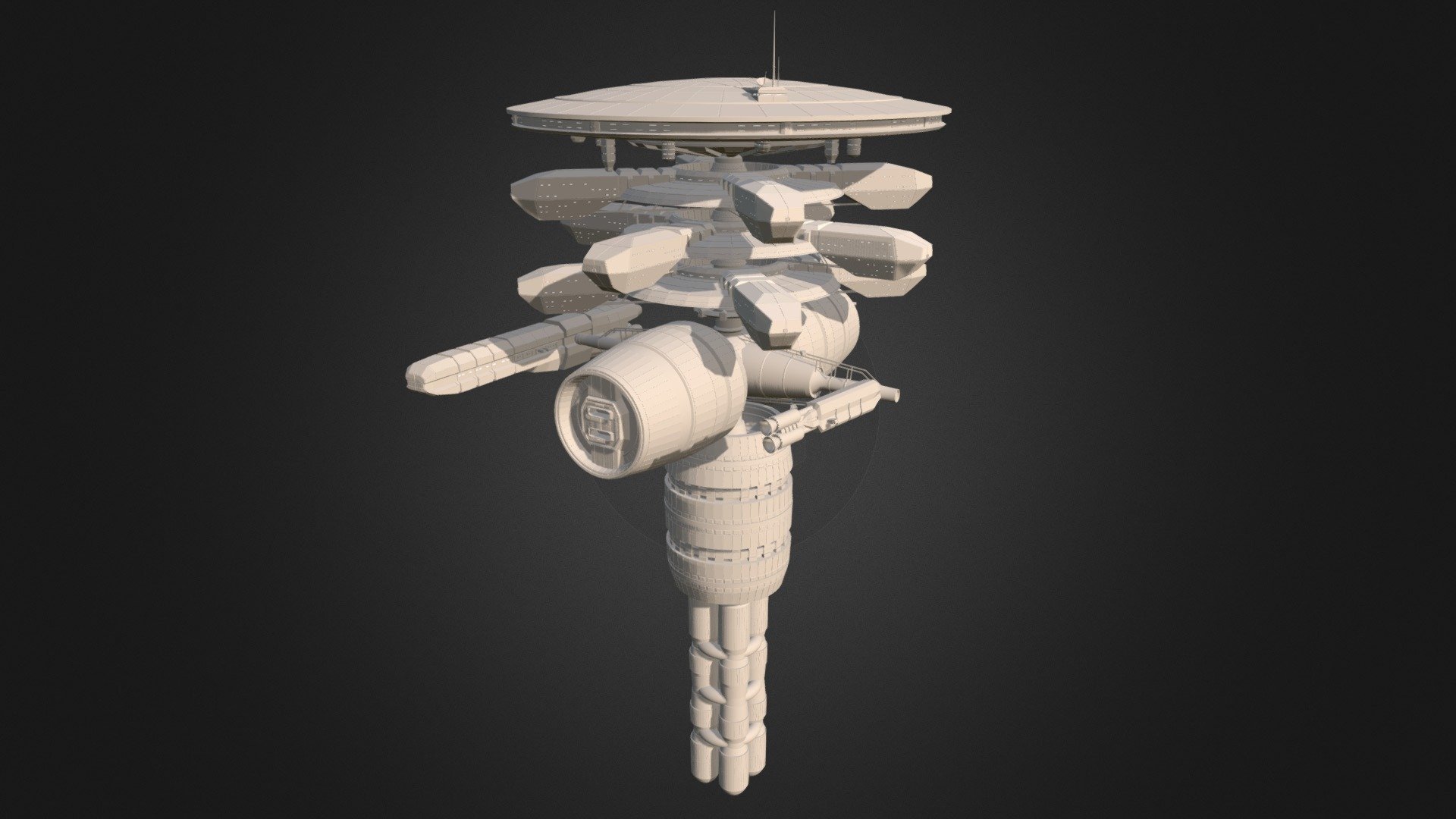 In progress space station mock-up for sci-fi audio drama a friend is making. This friend is also a huge Discworld fan. You can find that audio drama here: https://dockingpod.com/. Made in Blender 3d model