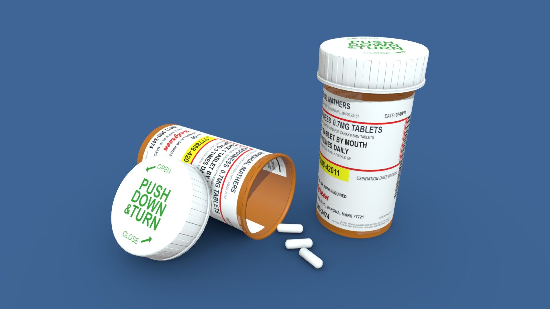 Happiness Pills, for when life gets you down.
Visit your local Balgreen today.

1 Set - 2K PBR Mats, Metalic Roughness.

Single Bottle Statistics = 1.2K Vert - 2,480 Tri

Single Pill Statistics = 68 Vert - 132 tri

Most of the sticker is completely made up nonsense 3d model