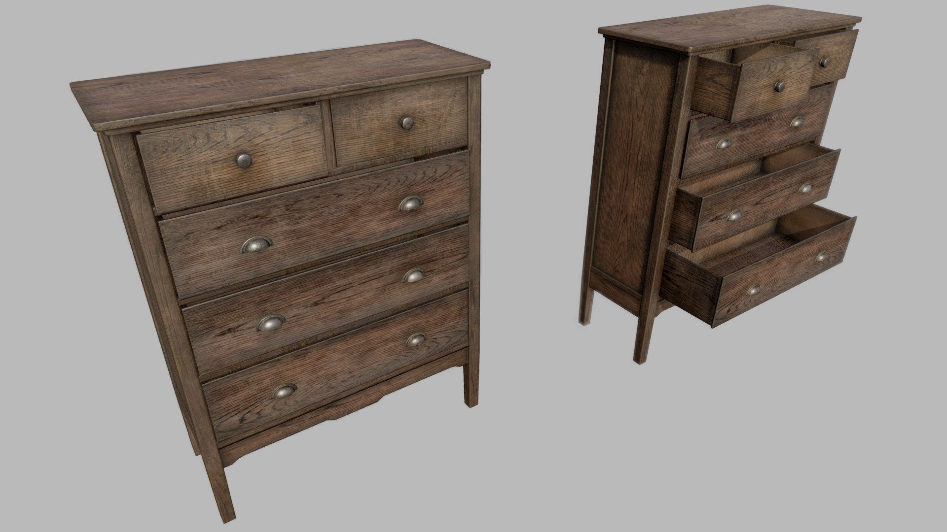 Large Wooden Dresser A PBR

Very Detailed Low Poly Large Old Wooden Dresser with High-Quality PBR Texturing. 

Fits perfect for any PBR game as Decoration etc. like Post Apocalyptic Environment or Horror Games for example

The Drawers are separated so that they can be opened.

Created with 3DSMAX, Zbrush and Substance Painter.

Standard Textures
Base Color, Metallic, Roughness, Height, AO, Normal, Maps

Unreal 4 Textures
Base Color, Normal, OcclusionRoughnessMetallic

Unity 5/2017 Textures
Albedo, SpecularSmoothness, Normal, and AO Maps

2x4096x4096 TGA Textures

Please Note, this PBR Textures Only. 

Low Poly Triangles 

2310 Tris
1348 Verts

File Formats :

.Max2018
.Max2017
.Max2016
.Max2015
.FBX
.OBJ
.3DS
.DAE - Large Wooden Dresser A PBR - Buy Royalty Free 3D model by GamePoly (@triix3d) 3d model