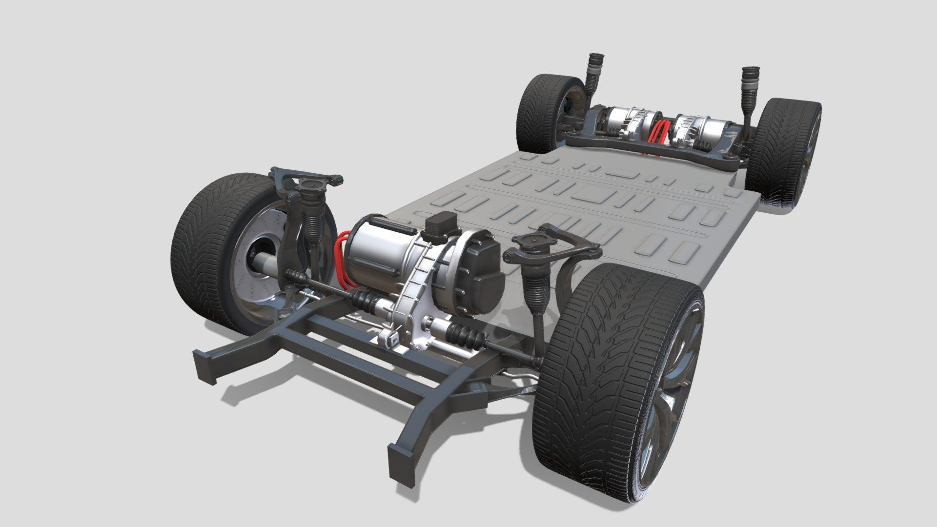 Tesla Roadster 2020 Chassis 3D model, with a 3 motor setup, brakes, steering rack and battery pack modeled.

File formats:
-.blend, rendered with cycles, as seen in the images;
-.obj, with materials applied and textures;
-.dae, with materials applied and textures;
-.fbx, with material slots applied;
-.stl;

3D Software:
This 3d model was originally created in Blender 2.79 and rendered with Cycles.

Materials and textures:
The model has materials applied in all formats, and is ready to import and render.
The model comes with multiple png image textures.

Preview scenes:
The preview images are rendered in Blender using its built-in render engine &lsquo;Cycles'.
Note that the blend files come directly with the rendering scene included and the render command will generate the exact result as seen in previews.
Scene elements are on a different layer from the actual model for easier manipulation of objects 3d model