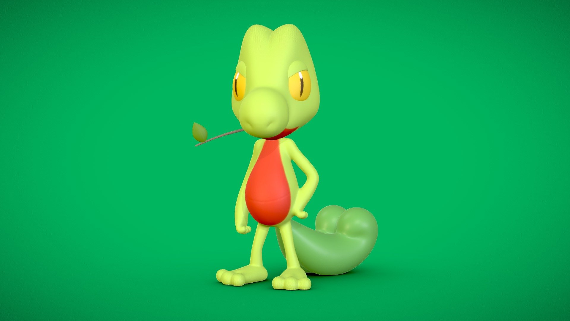 Treecko has small hooks on the bottom of its feet that enable it to scale vertical walls. 
This Pokémon attacks by slamming foes with its thick tail 3d model
